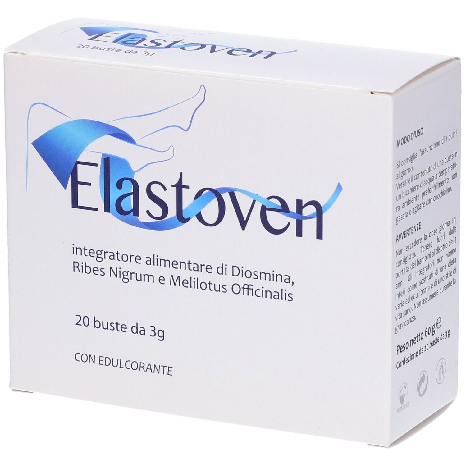 Emballage du produit Elastoven. 20 sachets de 3g. Contient Diosmina, Ribes Nigrum et Melilotus Officinalis. Avec édulcorant.