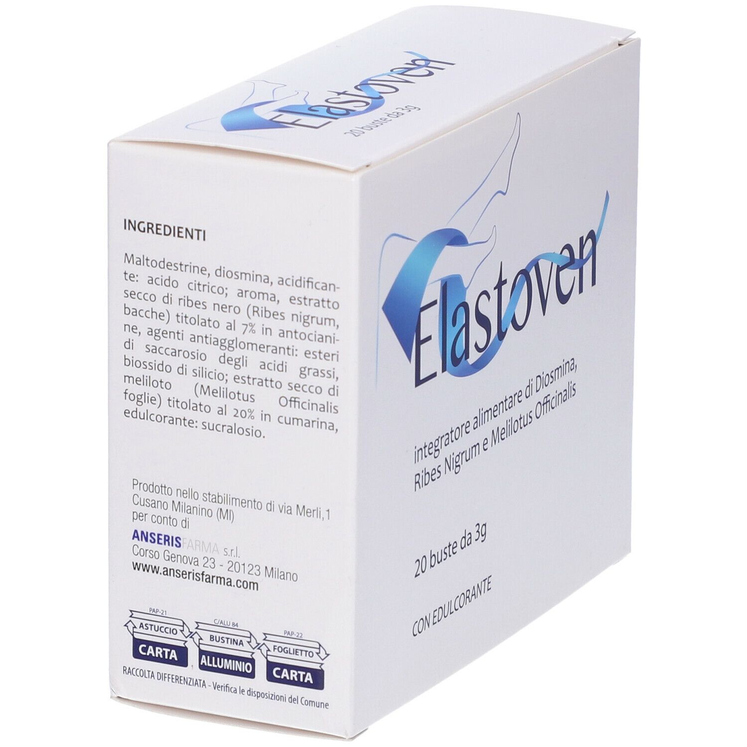 Emballage du produit Elastoven. 20 sachets de 3g. Contient Diosmina, Ribes Nigrum et Melilotus Officinalis. Avec édulcorant. Vue latérale.