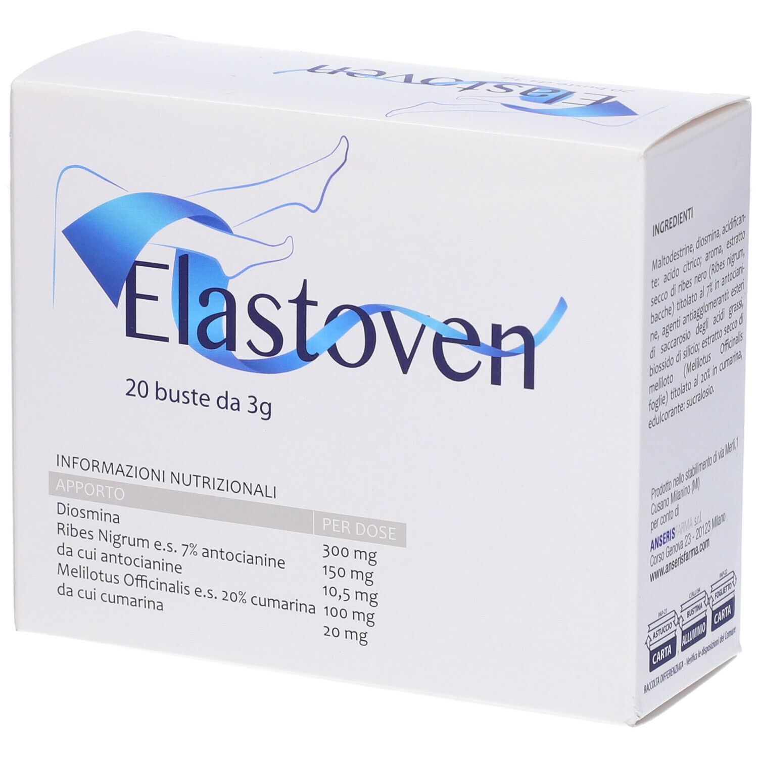 Emballage du produit Elastoven. 20 sachets de 3g. Contient Diosmina, Ribes Nigrum et Melilotus Officinalis. Avec édulcorant. Dos.