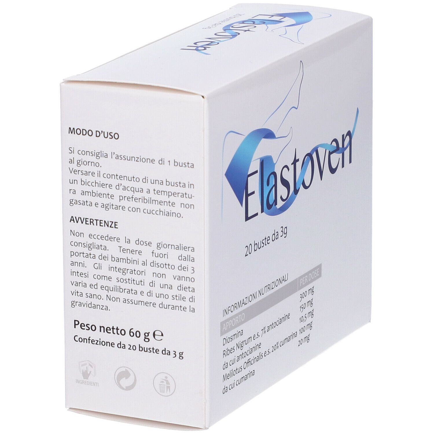 Emballage du produit Elastoven. 20 sachets de 3g. Contient Diosmina, Ribes Nigrum et Melilotus Officinalis. Avec édulcorant. Détail.