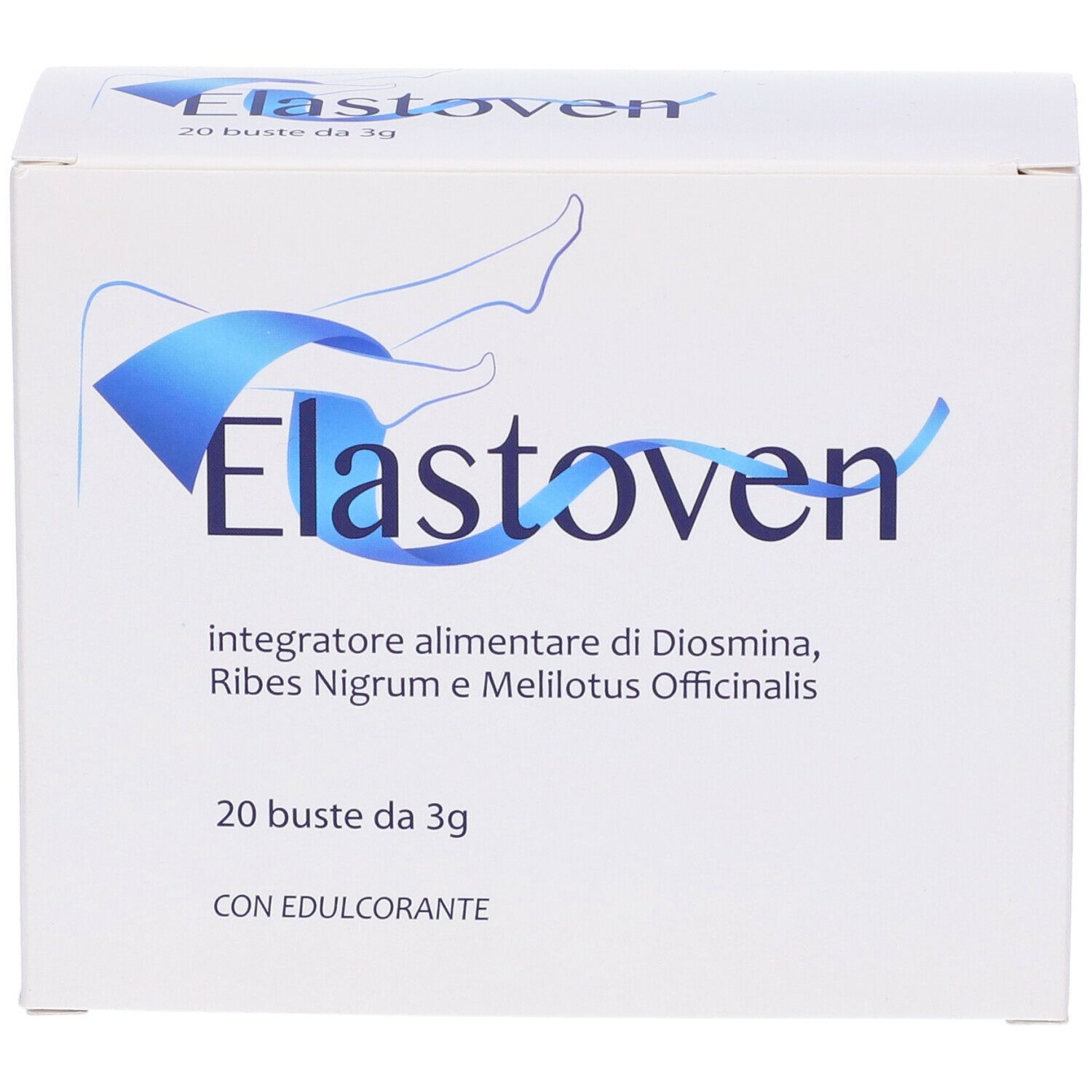 Emballage du produit Elastoven. 20 sachets de 3g. Contient Diosmina, Ribes Nigrum et Melilotus Officinalis. Avec édulcorant.