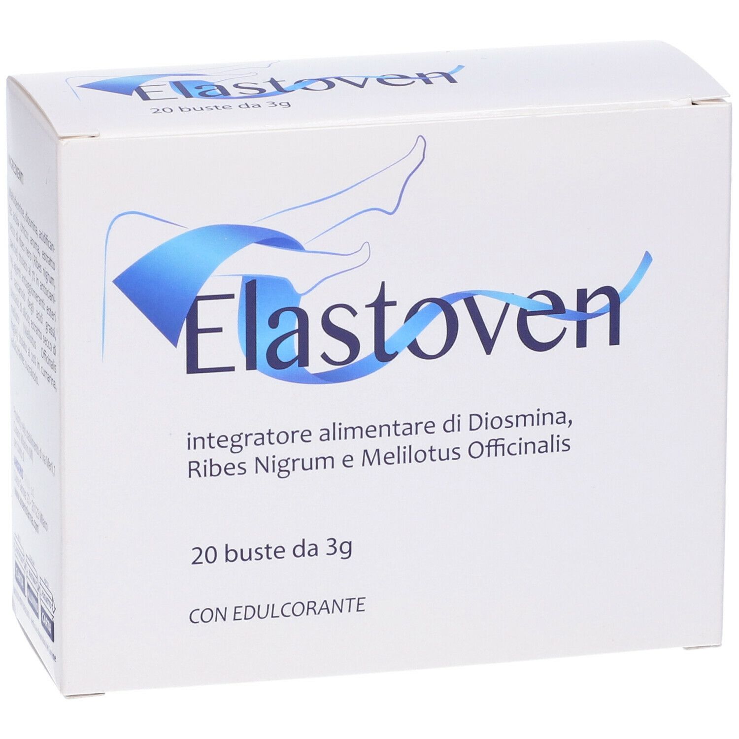 Emballage du produit Elastoven. 20 sachets de 3g. Contient Diosmina, Ribes Nigrum et Melilotus Officinalis. Avec édulcorant.