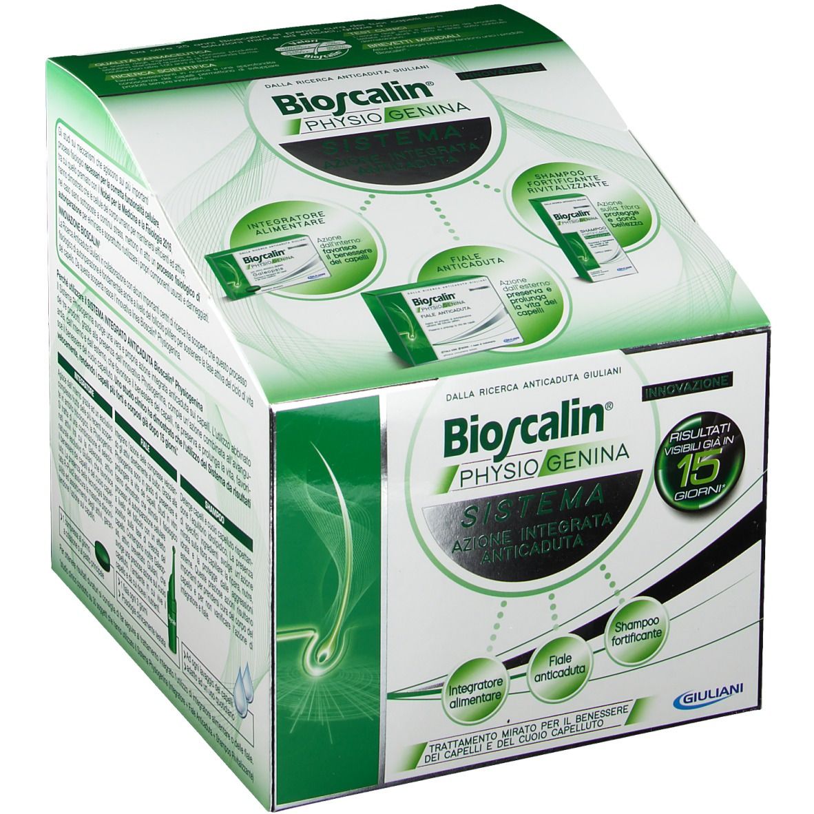 Bioscalin Physiogenina System-Verpackung. Grün-weiße Schachtel mit Produktabbildungen und Text. Enthält Nahrungsergänzungsmittel, Ampullen und Shampoo.