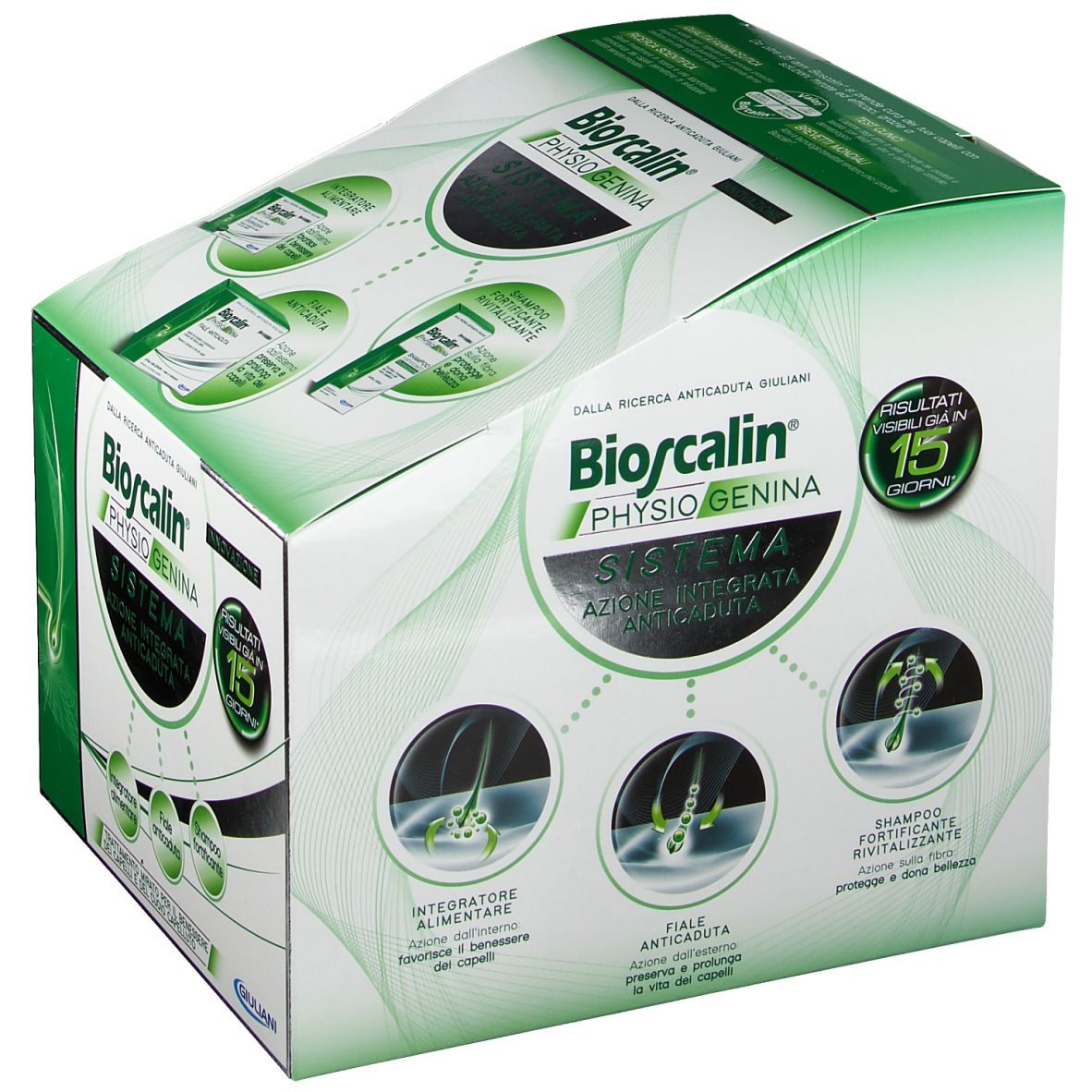 Bioscalin Physiogenina System-Verpackung. Grün-weiße Schachtel mit Produktabbildungen und Text. Enthält Nahrungsergänzungsmittel, Ampullen und Shampoo.
