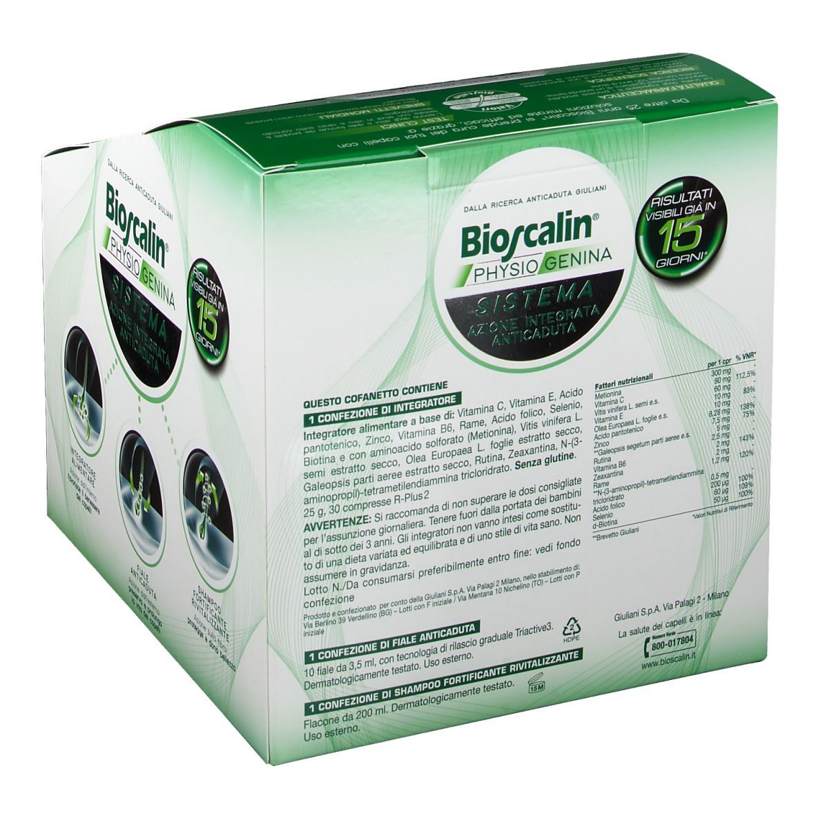 Rückseite der Bioscalin Physiogenina System-Verpackung. Enthält Informationen zu Inhaltsstoffen und Anwendung. Grün-weißes Design mit Text.