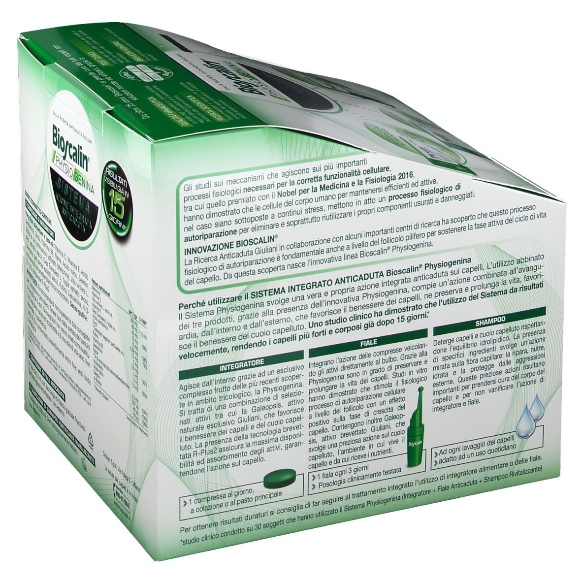 Detailansicht der Bioscalin Physiogenina System-Verpackung. Text und Produktabbildungen auf grün-weißem Hintergrund. Enthält Informationen.