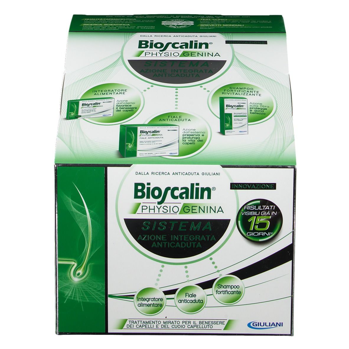 Bioscalin Physiogenina System-Verpackung, geöffnet. Grün-weiße Schachtel mit Produktabbildungen und Text. Enthält verschiedene Produkte.