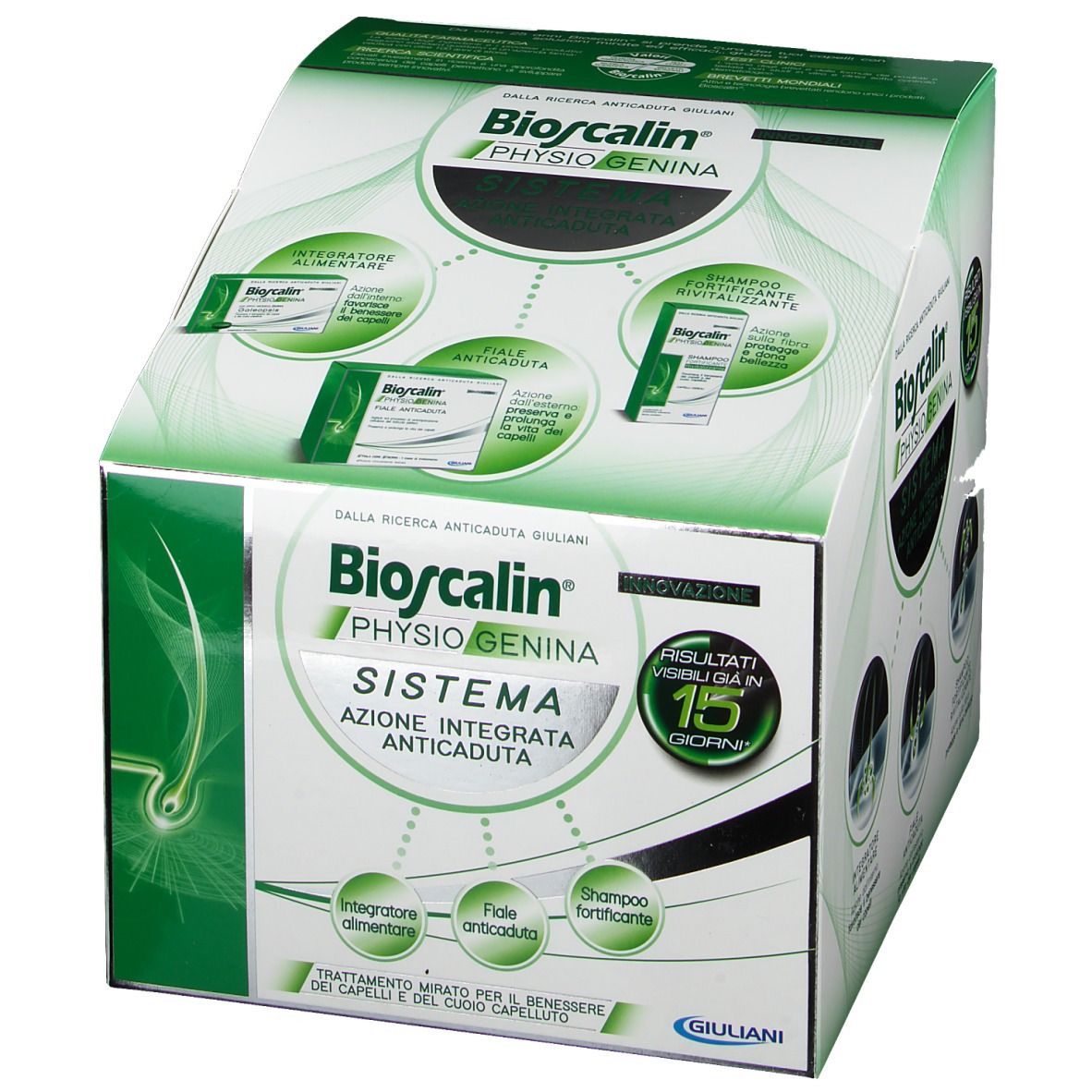 Bioscalin Physiogenina System-Verpackung. Grün-weiße Schachtel mit Produktabbildungen und Text. Enthält Nahrungsergänzungsmittel, Ampullen und Shampoo.