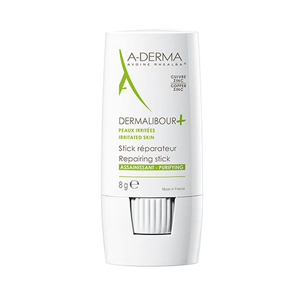 Weißer Stick mit grüner Schrift. Beschriftung: A-DERMA, Dermalibour+, Stick réparateur, 8g.