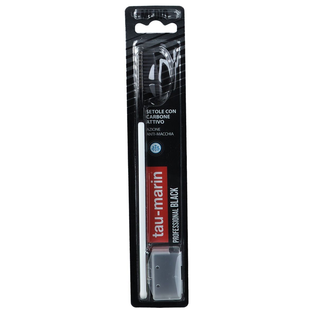 Verpackung mit Zahnbürste. Schwarzer Griff, weiße Borsten. Text: Tau-marin, Professional Black, Anti-Flecken.