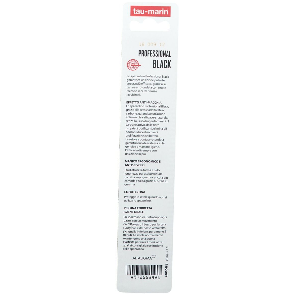 Rückseite der Verpackung. Text: Tau-marin, Professional Black, Anti-Flecken. Beschreibung und Zertifizierungen.