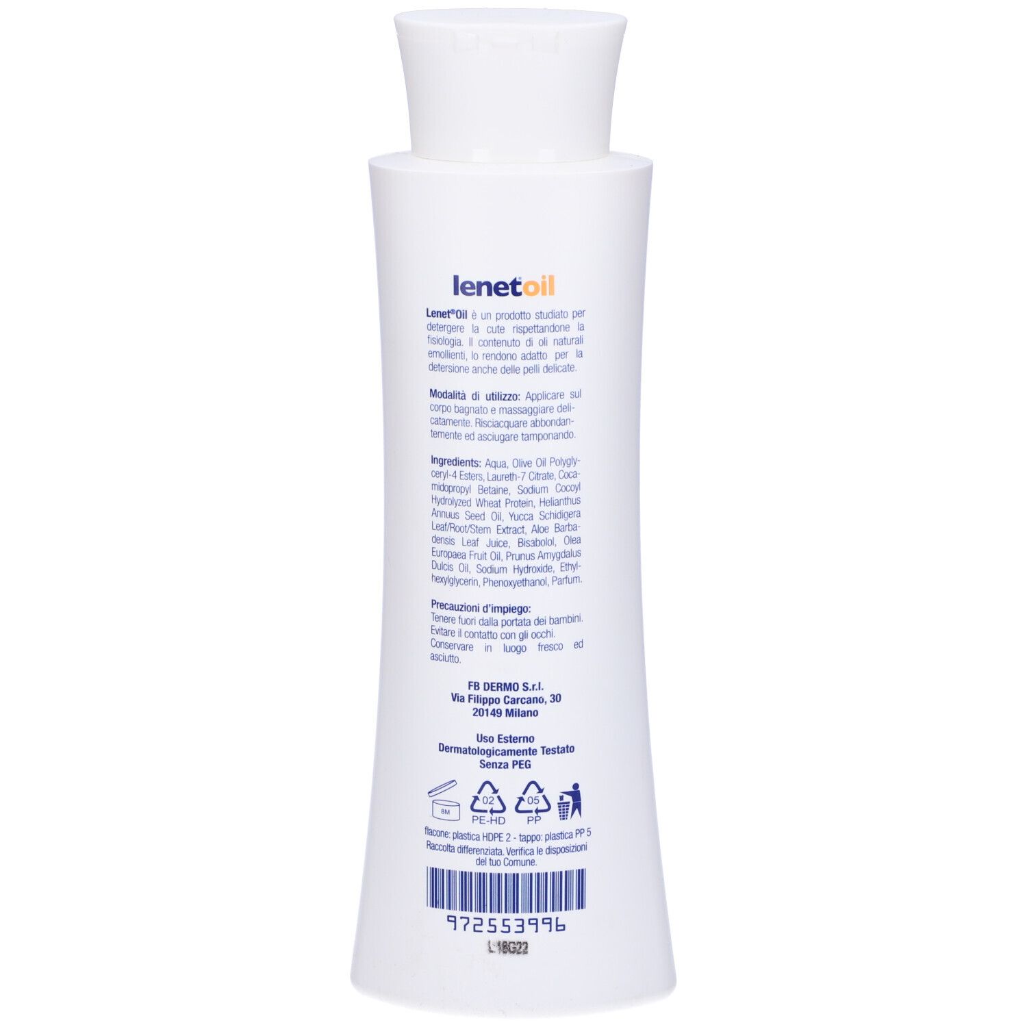 Dos du flacon blanc. Texte avec ingrédients et informations du fabricant.