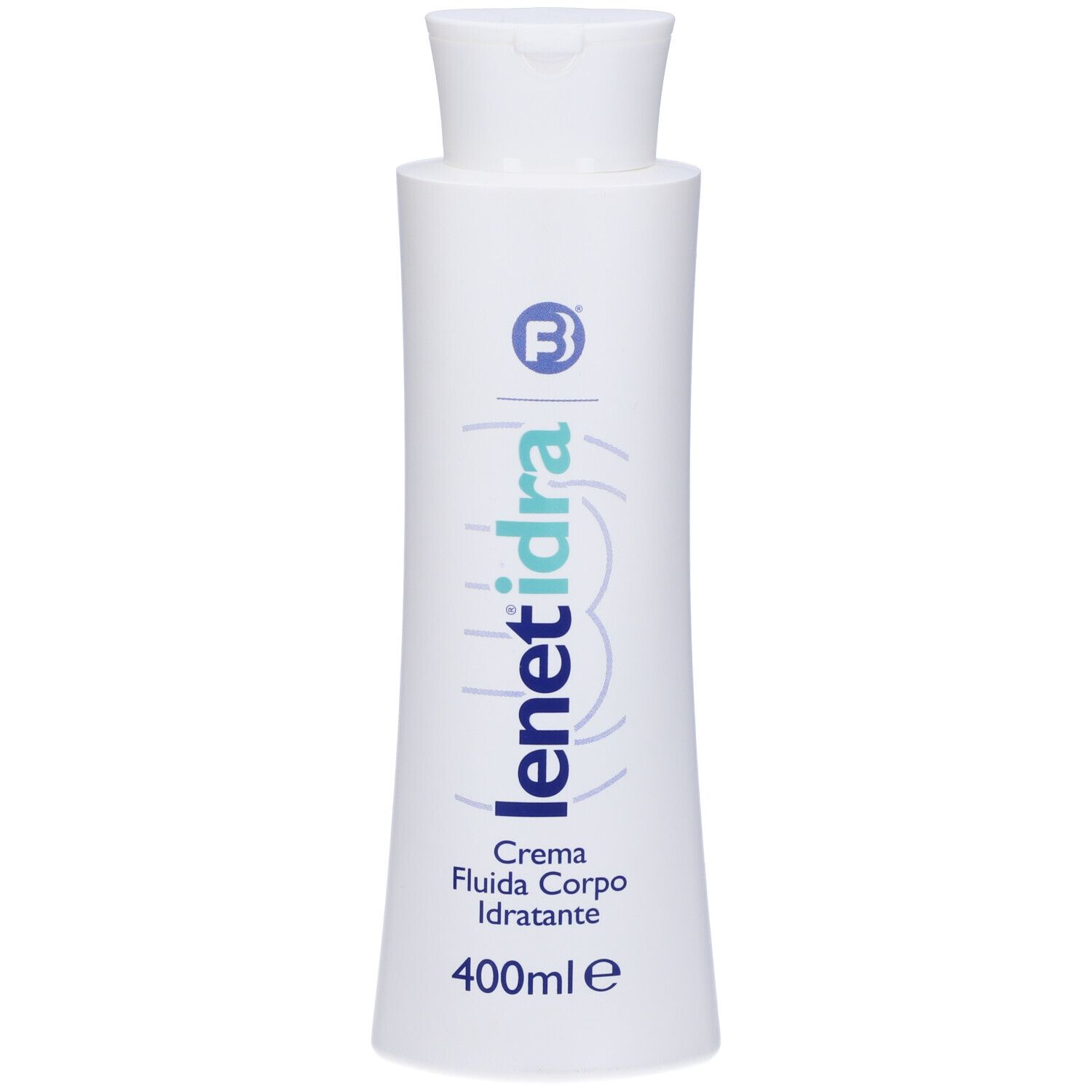 Weiße Flasche mit blauem Lenet Idra-Logo. Text: Crema Fluida Corpo Idratante. 400ml.