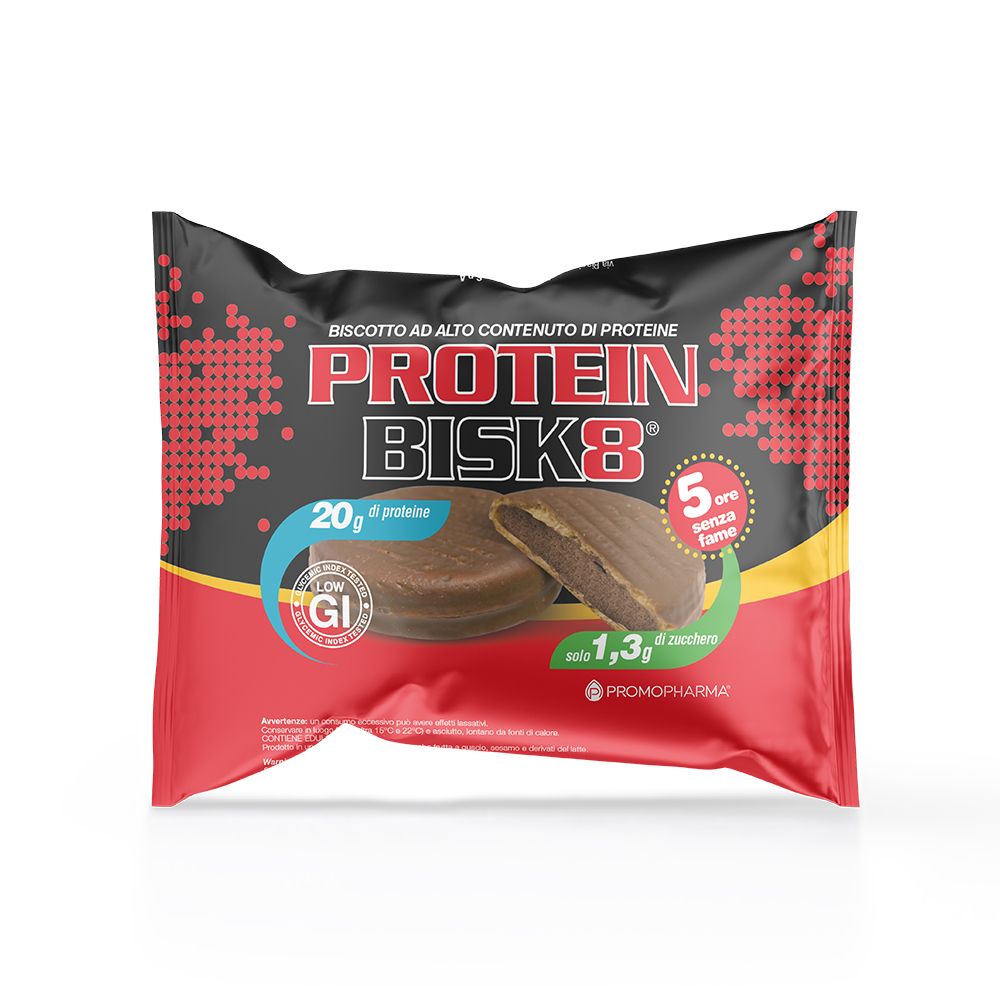 Verpackung mit Protein Bisk8-Keksen. Schwarzer Hintergrund mit rotem Muster und Produktinformationen.