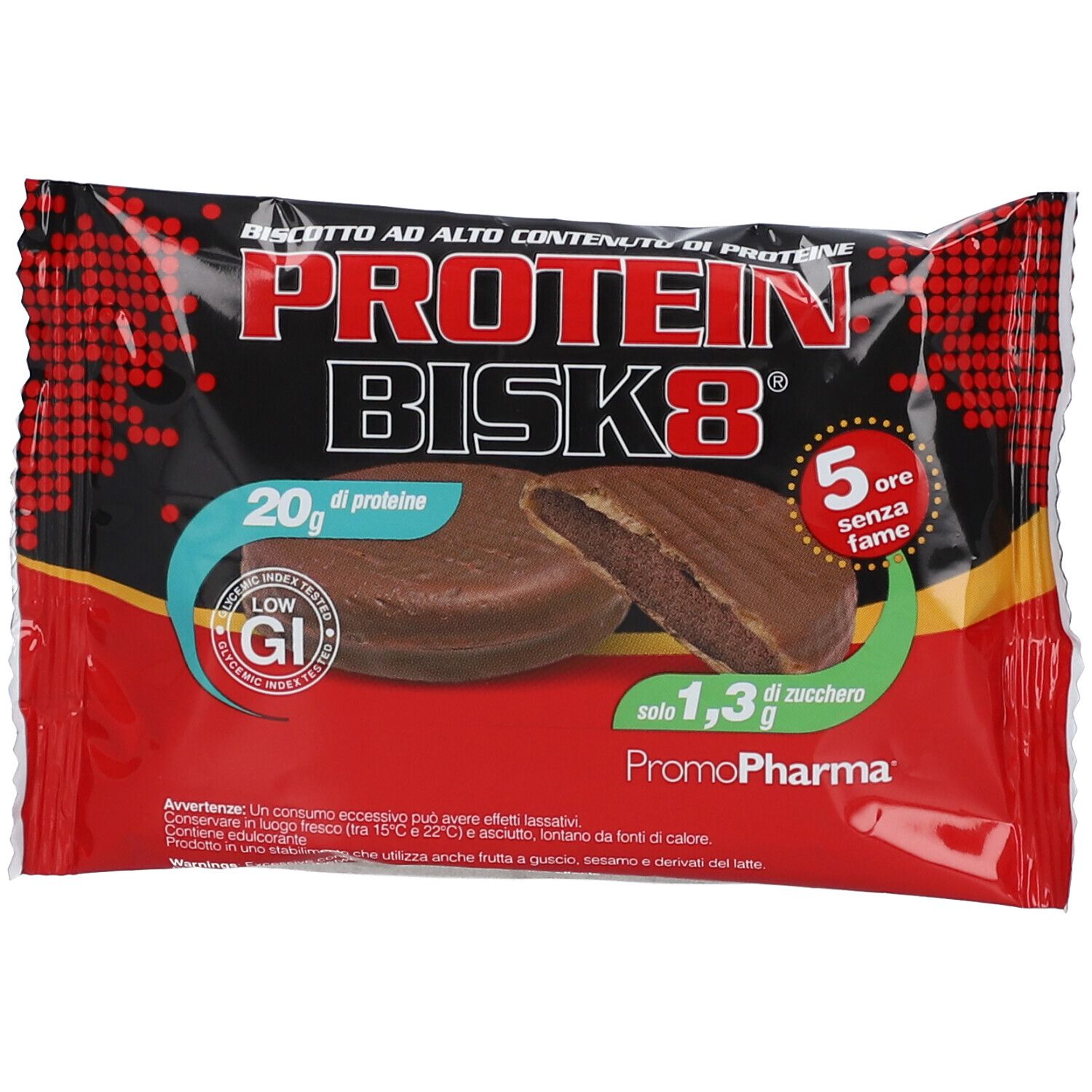 Verpackung mit Protein Bisk8-Keksen. Geöffneter Keks zeigt Füllung. Roter Hintergrund mit Produktinformationen.