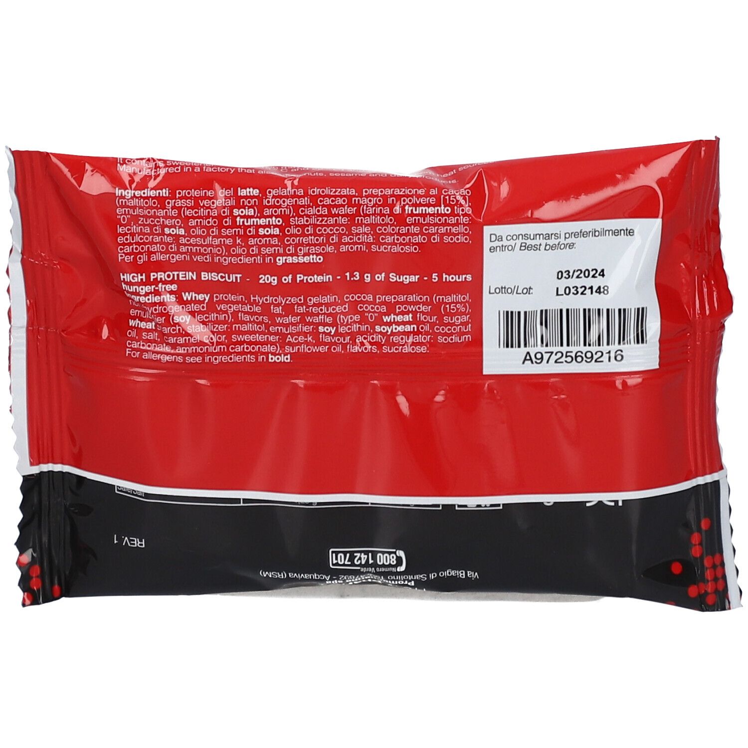 Rückseite der Protein Bisk8-Verpackung. Enthält Zutatenliste, Nährwertangaben und Mindesthaltbarkeitsdatum.