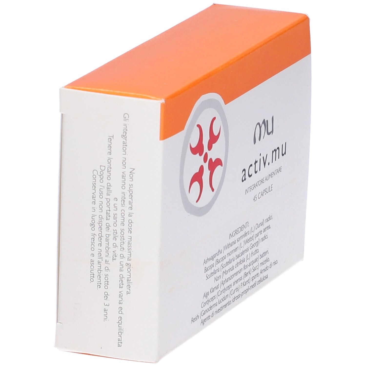 Schachtel, weiß-orangefarben, schräg. Aufschrift: activ.mu, 45 Kapseln. Zutatenliste. Text auf der Seite.