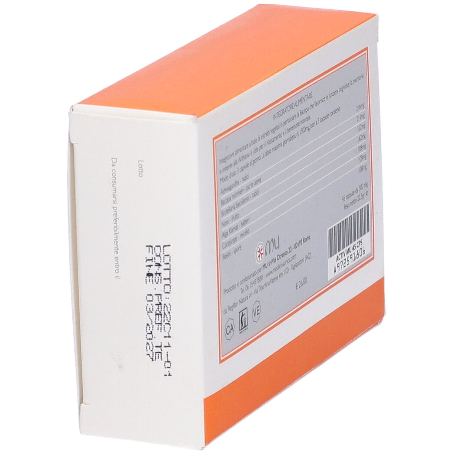 Schachtel, weiß-orangefarben, schräg. Text mit Produktinformationen und Chargennummer. Aufschrift: activ.mu.