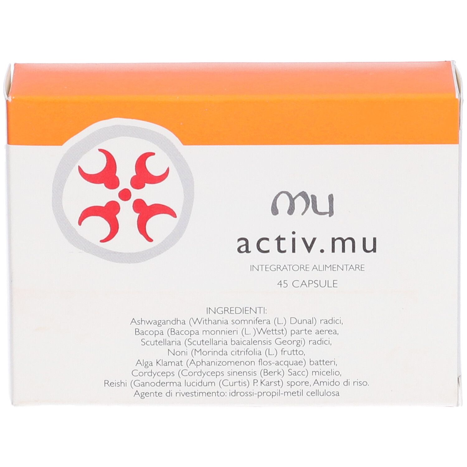 Weiß-orangefarbene Schachtel mit Produktinformationen. Aufschrift: activ.mu, 45 Kapseln. Zutatenliste.