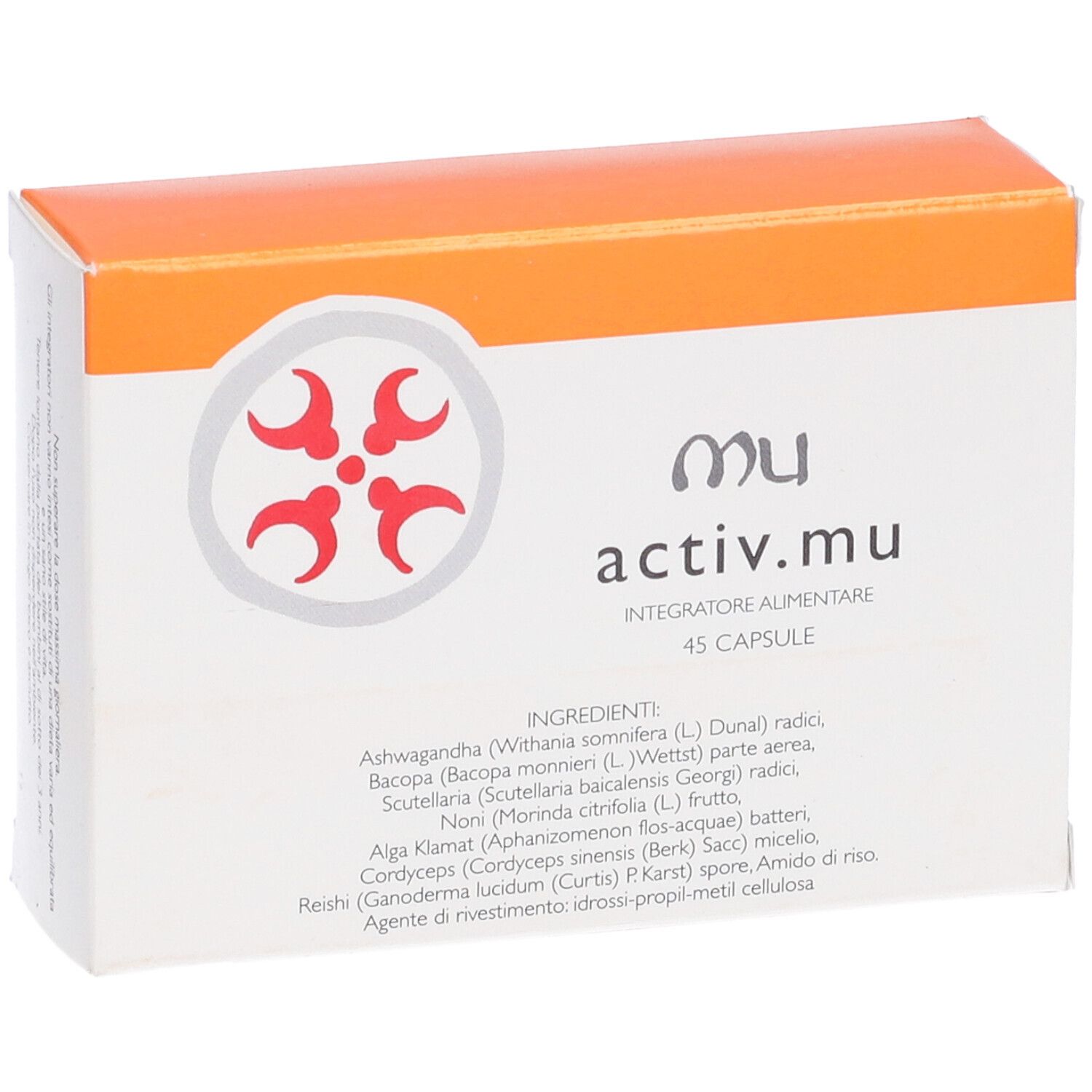 Weiß-orangefarbene Schachtel mit Produktinformationen. Aufschrift: activ.mu, 45 Kapseln. Zutatenliste.