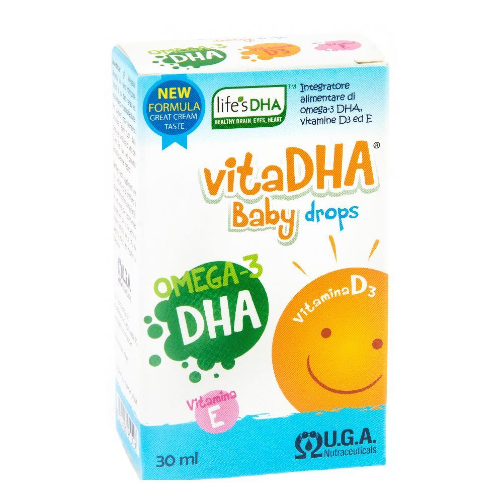 Boîte de VitaDHA Baby Drops. Contient Omega-3 DHA, vitamine D3 et E. Inscriptions : « New Formula », « Omega-3 DHA », « Vitamine E » et « 30 ml ».