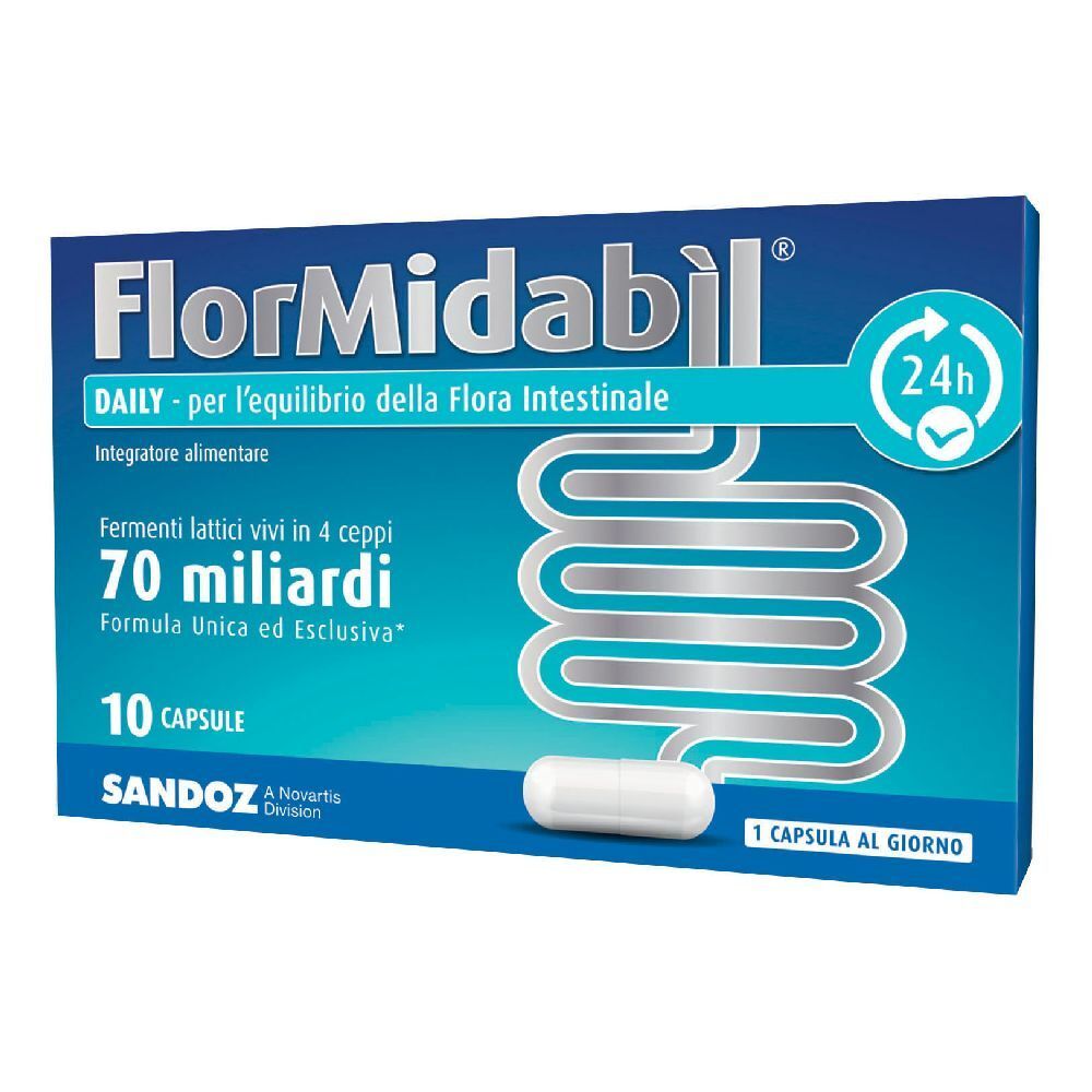 Blisterpackung mit Kapsel. Aufschrift FlorMidaBìl DAILY, 70 Milliarden, 10 Kapseln. Marke Sandoz.