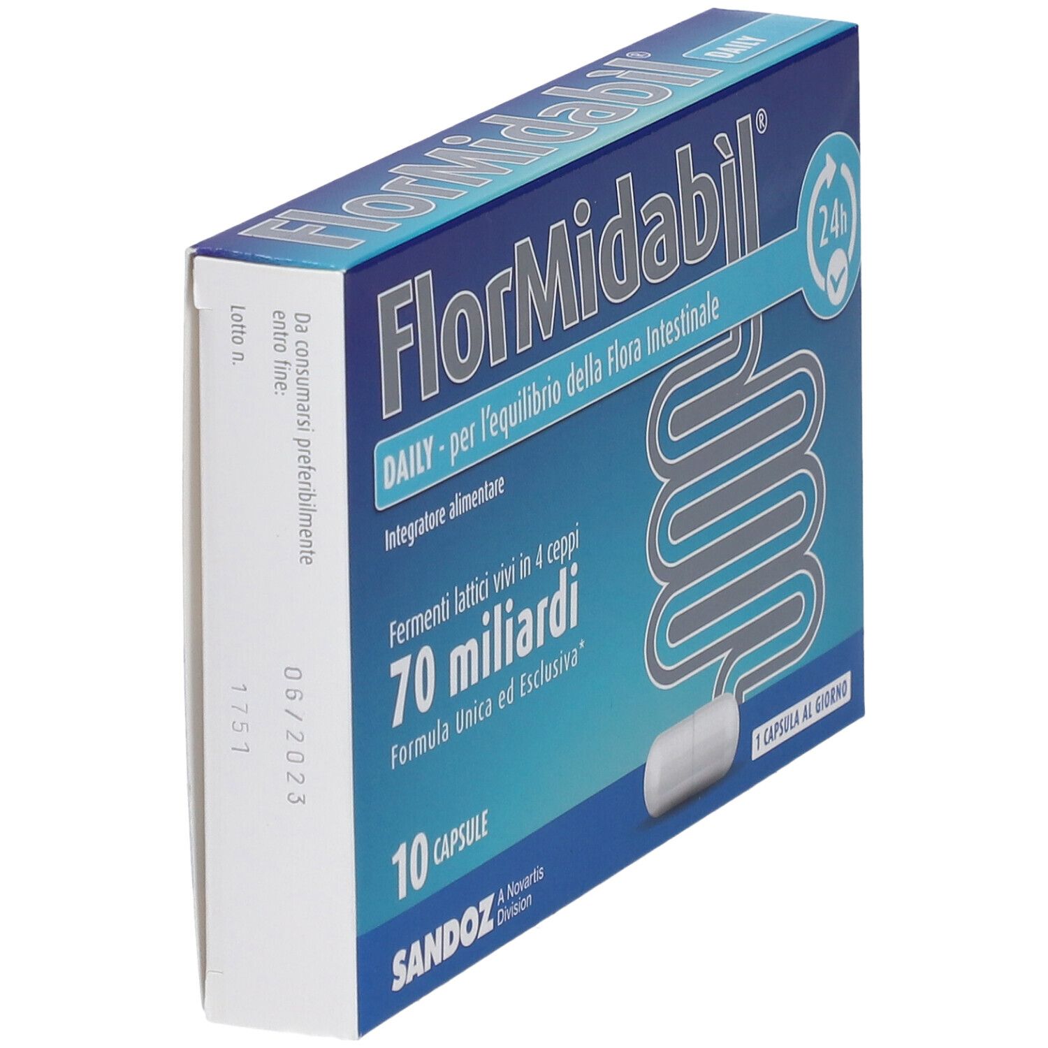 Schrägansicht der Packung FlorMidaBìl DAILY. Aufschrift: 70 Milliarden, 10 Kapseln. Eine Kapsel sichtbar.