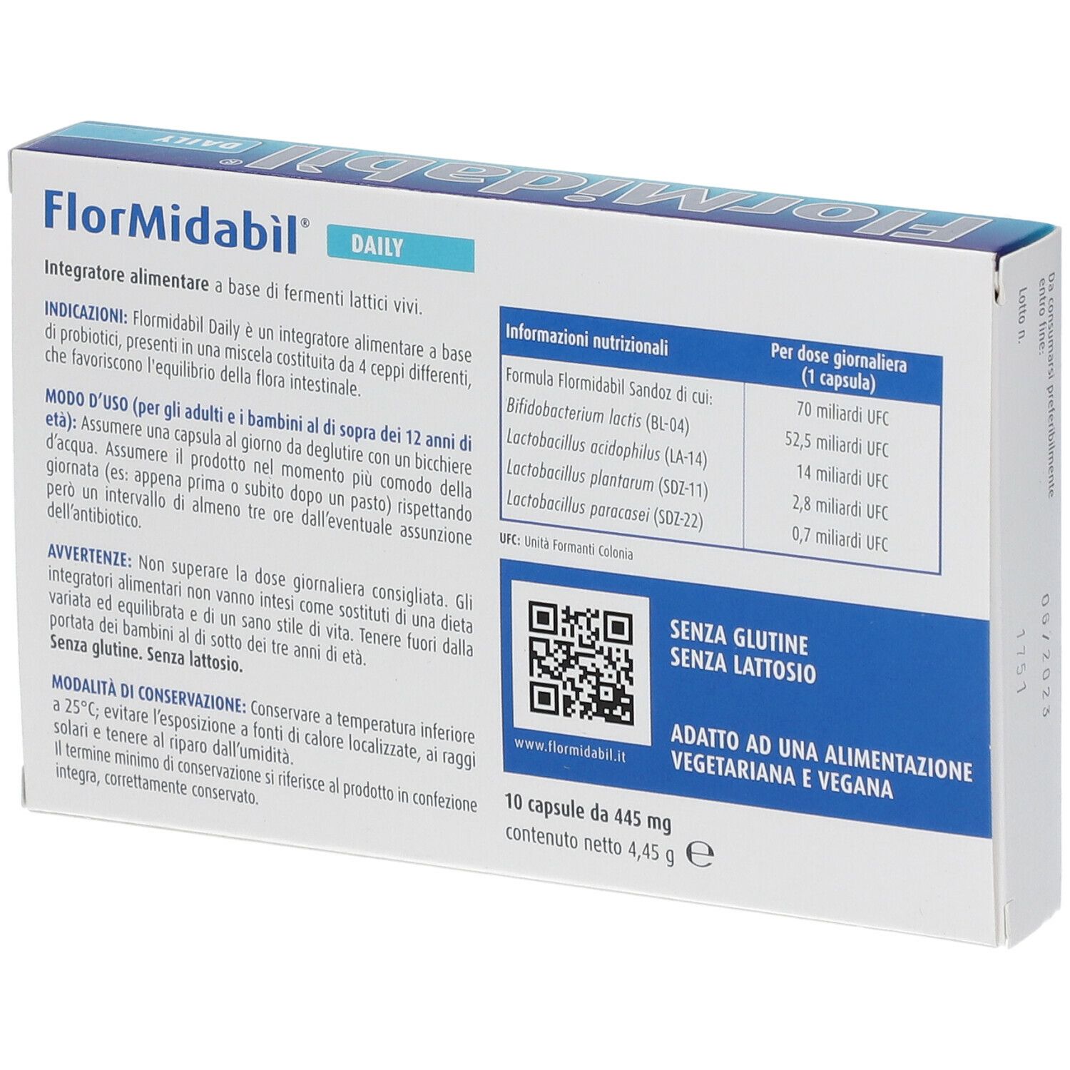Rückseite der Packung FlorMidaBìl DAILY. Informationen zu Inhaltsstoffen, Nährwerten und Inhaltsstoffen.