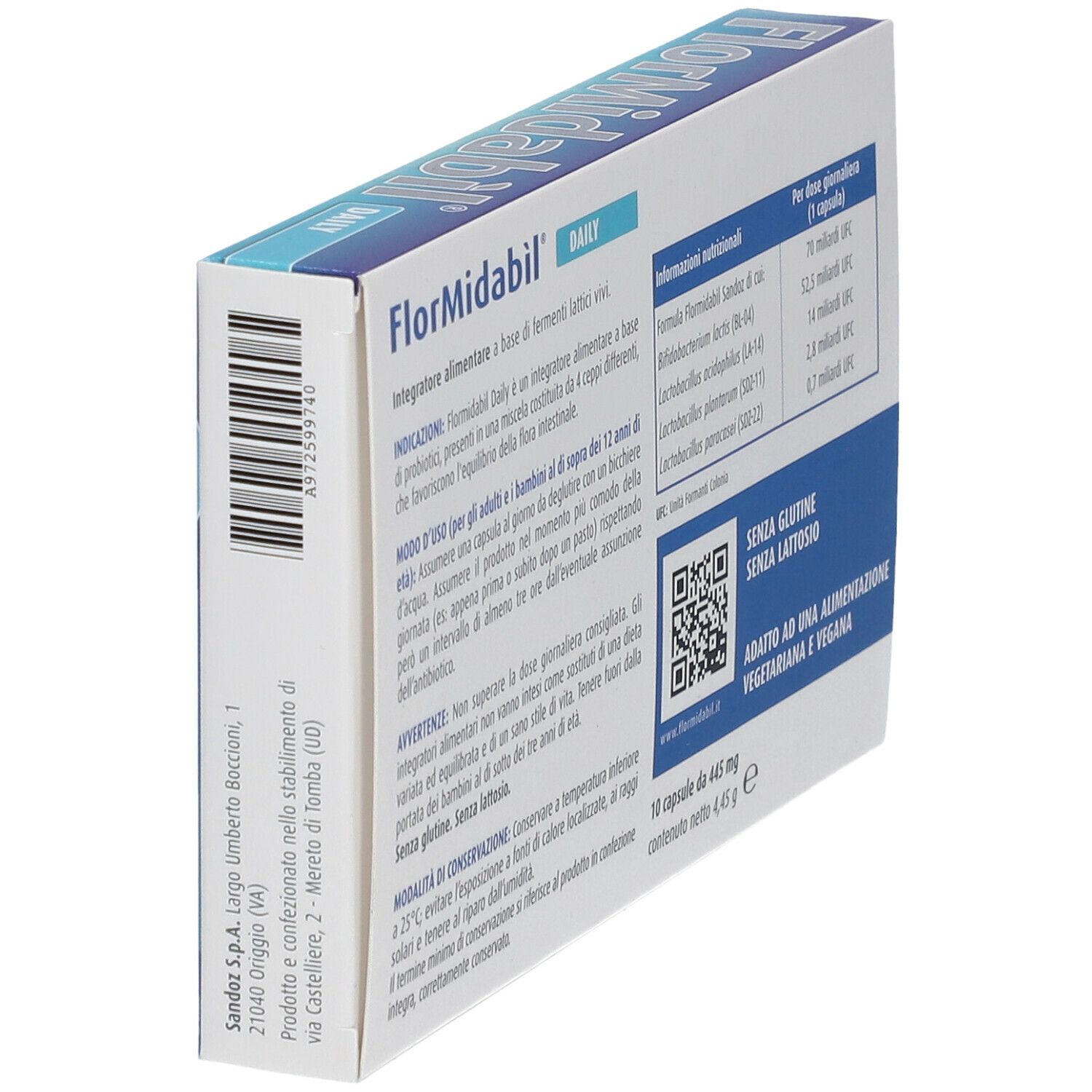 Seitenansicht der Packung FlorMidaBìl DAILY. Informationen zu Inhaltsstoffen, Hersteller und Haltbarkeit.