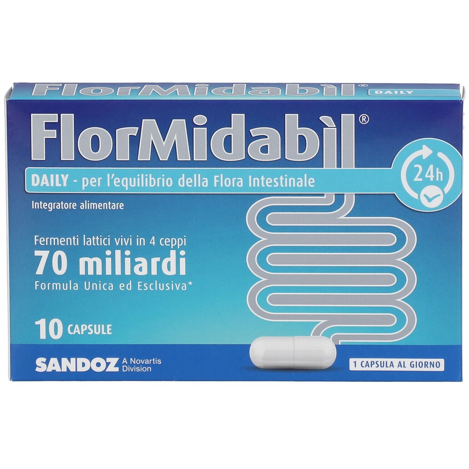 Packung FlorMidaBìl DAILY mit Kapsel. Aufschrift: 70 Milliarden, 10 Kapseln, Sandoz. Eine Kapsel sichtbar.