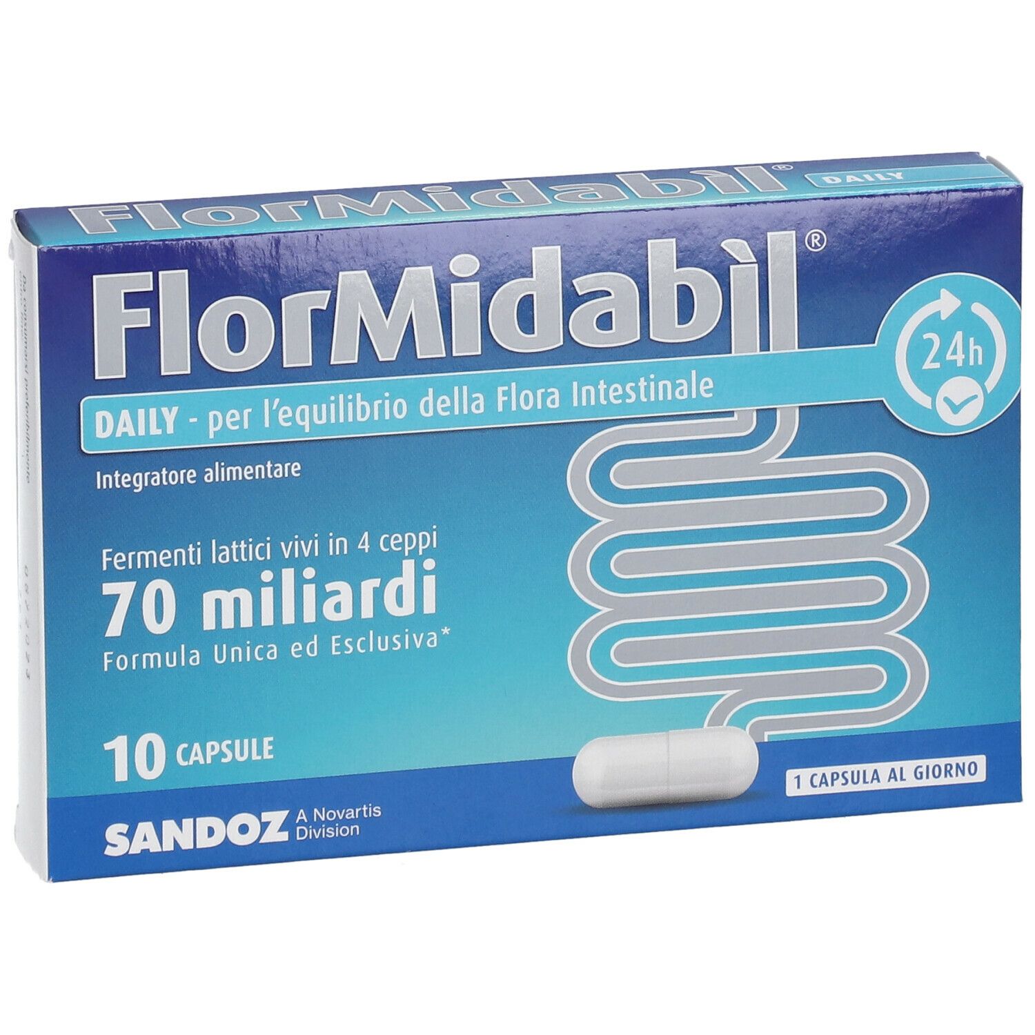 Packung FlorMidaBìl DAILY mit Kapsel. Aufschrift: 70 Milliarden, 10 Kapseln, Sandoz. Eine Kapsel sichtbar.