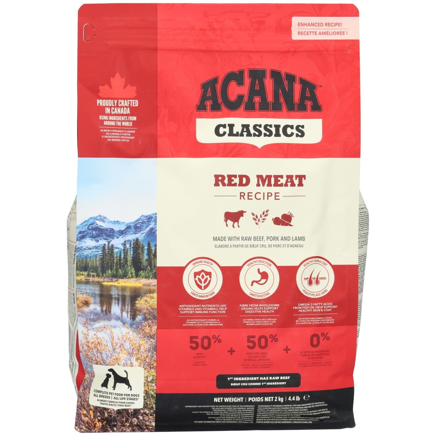 Vorderseite einer Acana Classics Red Meat Rezept Hundefutterpackung mit Berglandschaft und Produktinformationen.