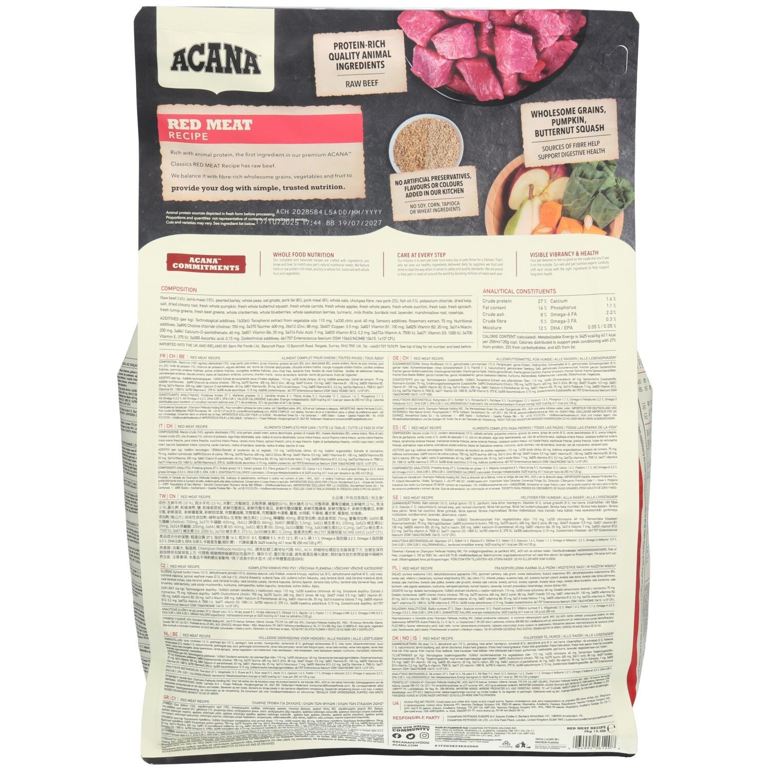 Rückseite einer Acana Red Meat Rezept Hundefutterpackung mit Zutatenliste und Nährwertangaben.