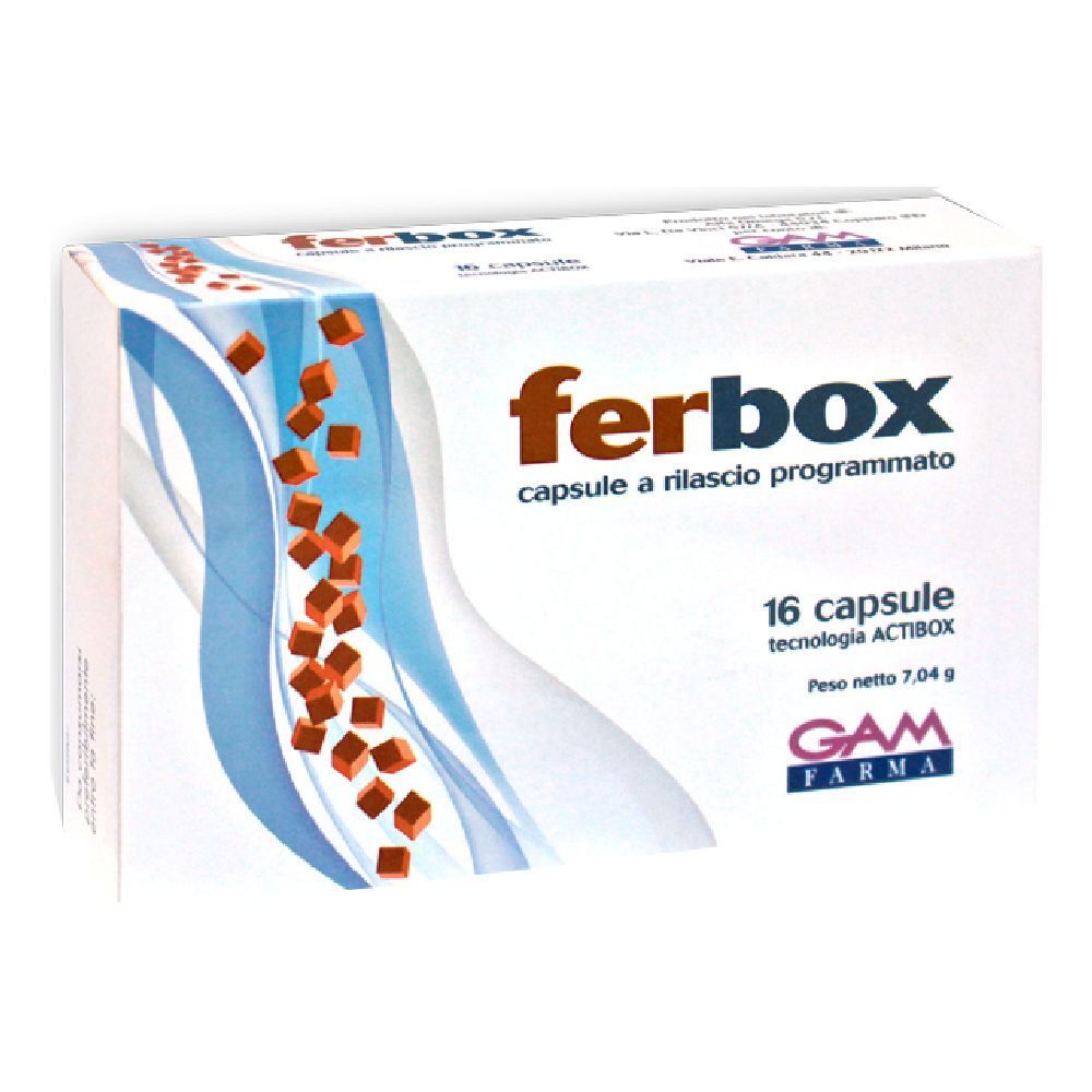 Boîte blanche "ferbox" avec 16 capsules. Marque GAM FARMA. Graphiques rouges en forme de cubes.