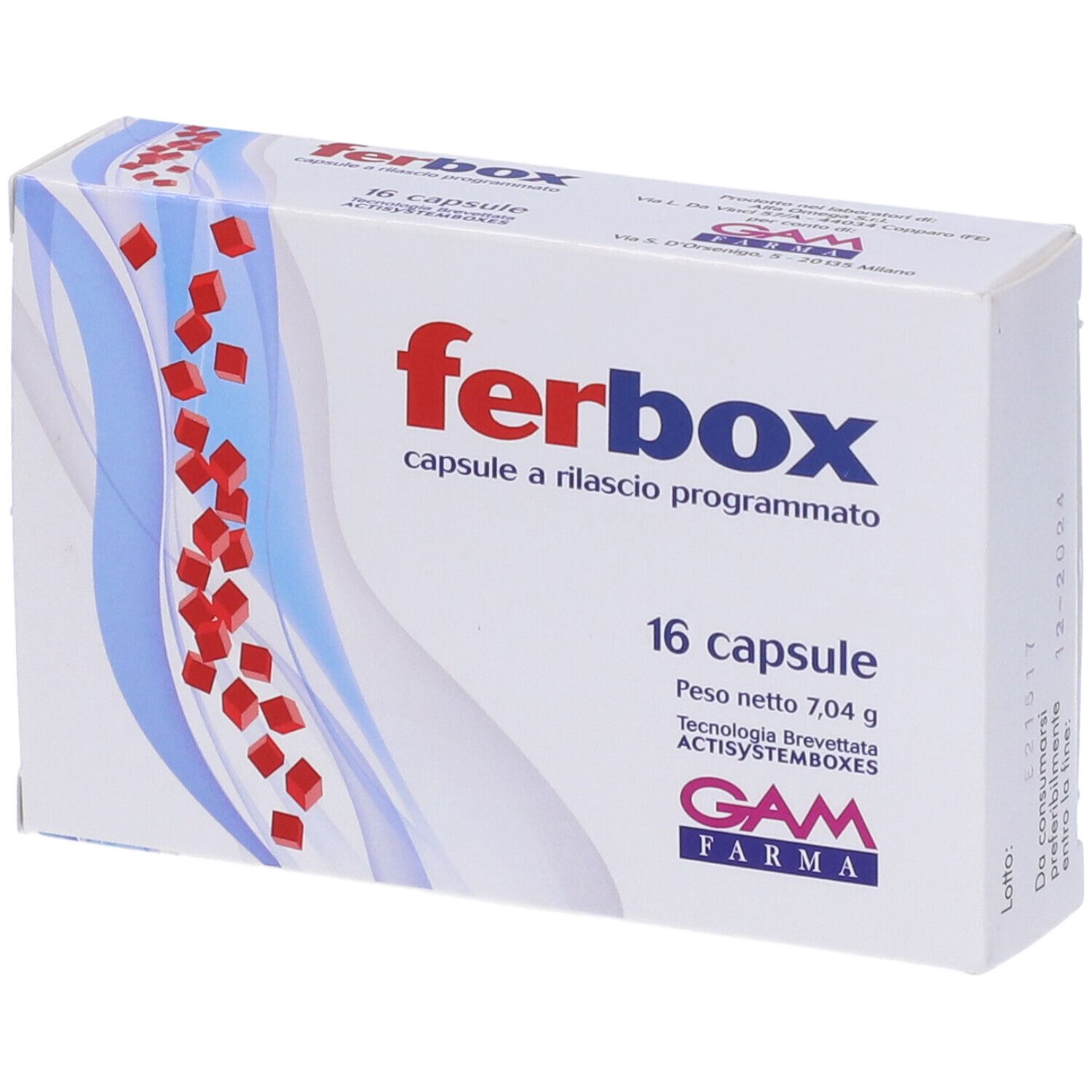 Boîte blanche "ferbox" avec 16 capsules. Marque GAM FARMA. Graphiques rouges en forme de cubes.