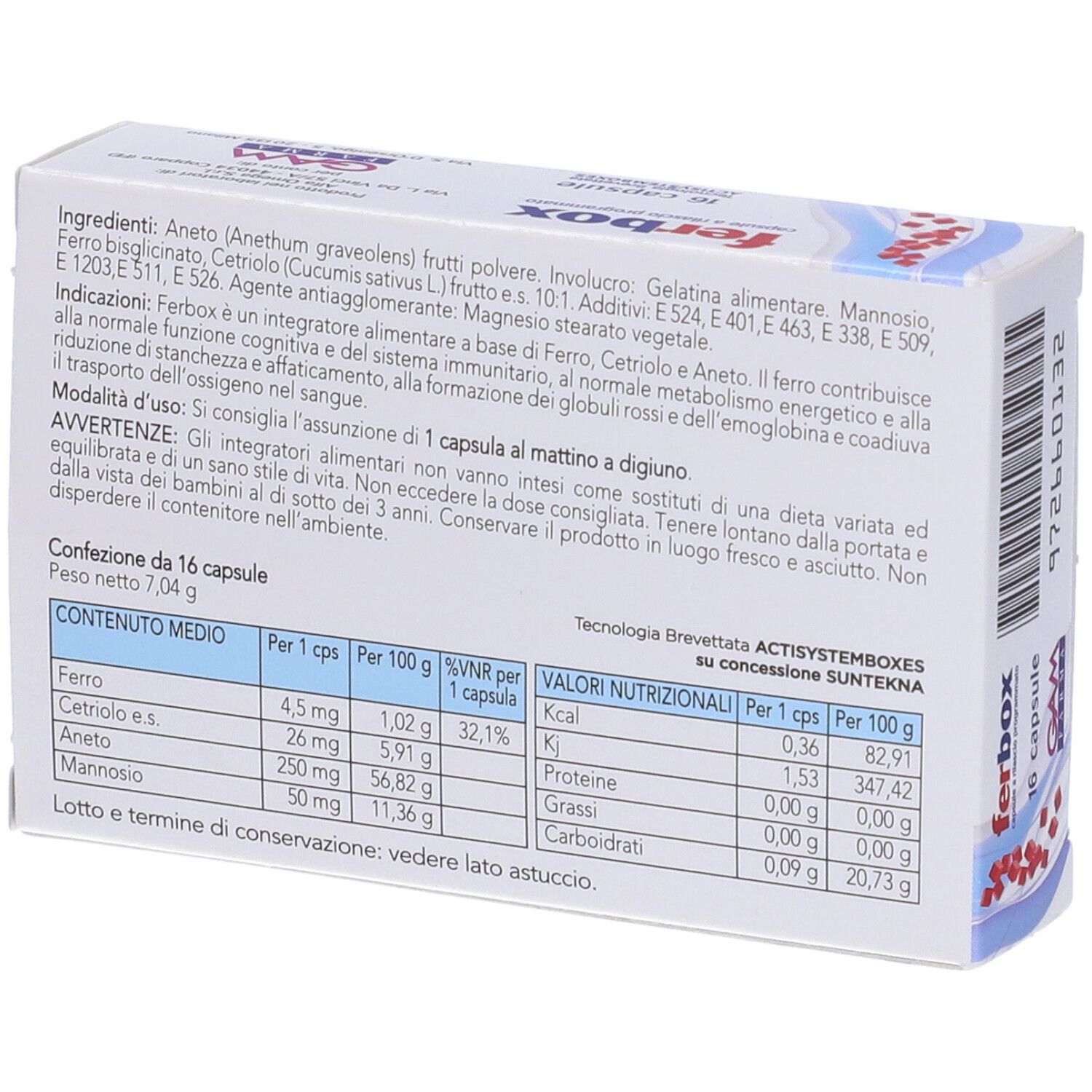 Dos de la boîte "ferbox". Contient des informations sur les ingrédients et la valeur nutritionnelle. Marque GAM FARMA.