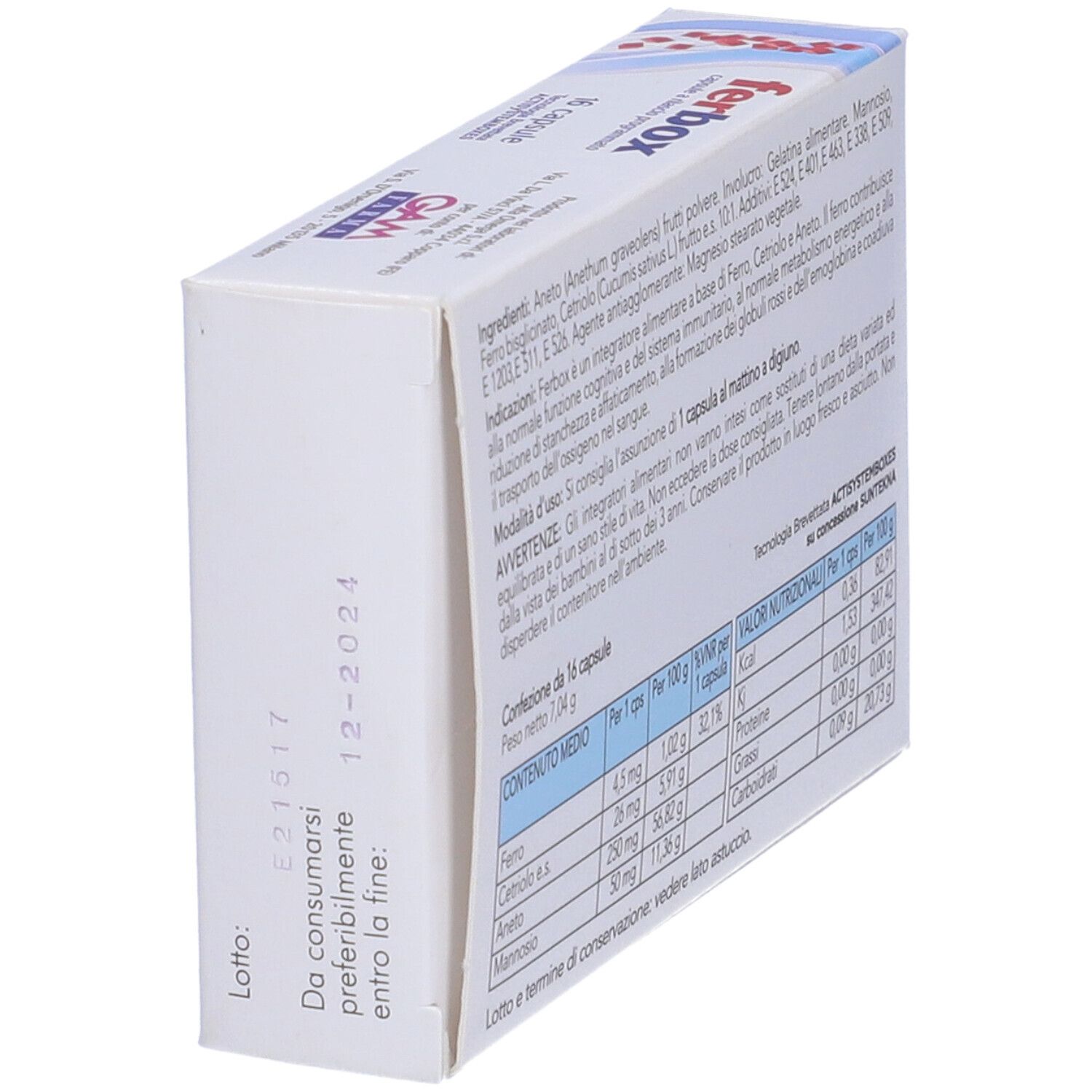 Boîte "ferbox" avec informations. Contient 16 capsules. Marque GAM FARMA. Date de péremption.