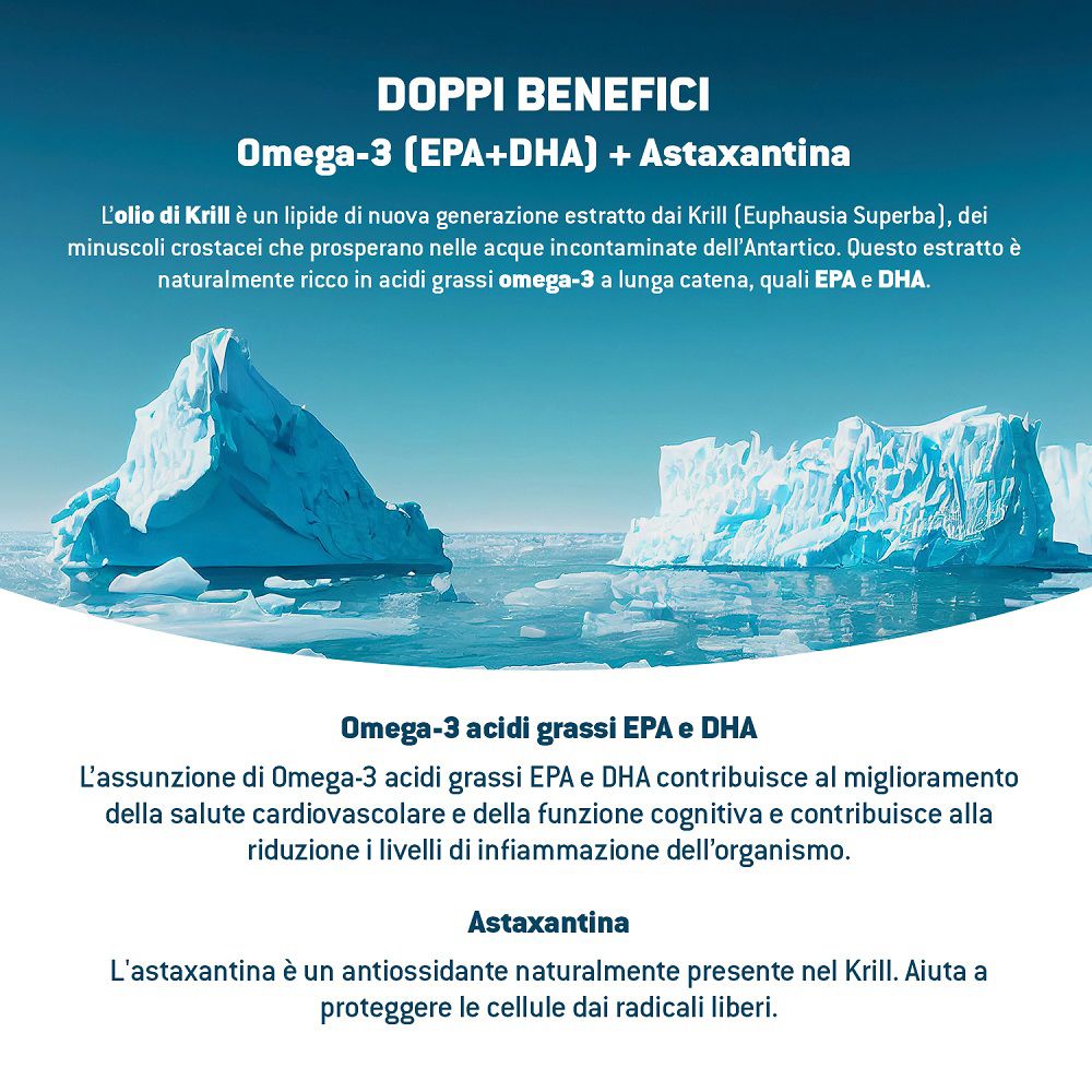 Text über die Vorteile von Krillöl und Astaxanthin, mit einem Bild von Eisbergen und dem Antartic Krill SUPERB Flakon.