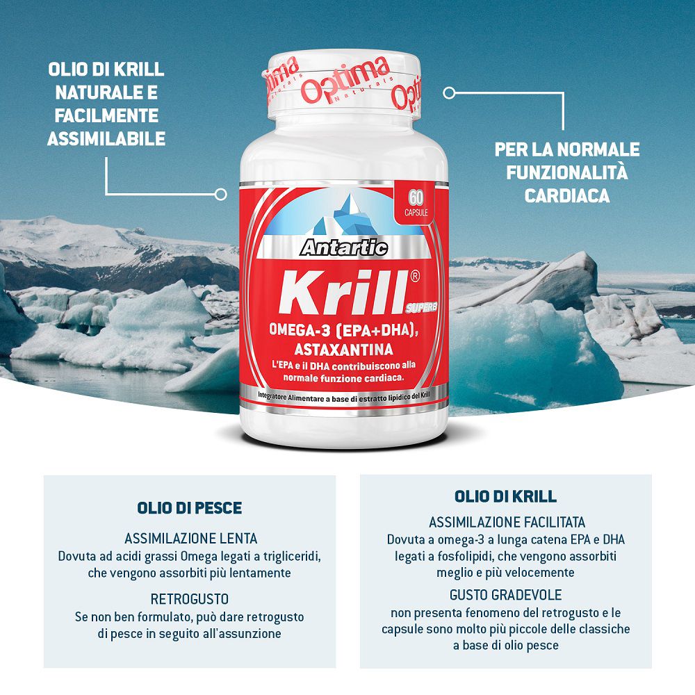 Antartic Krill SUPERB Flakon vor einer Landschaft mit Eisbergen, mit Text über die Vorteile für das Herz.