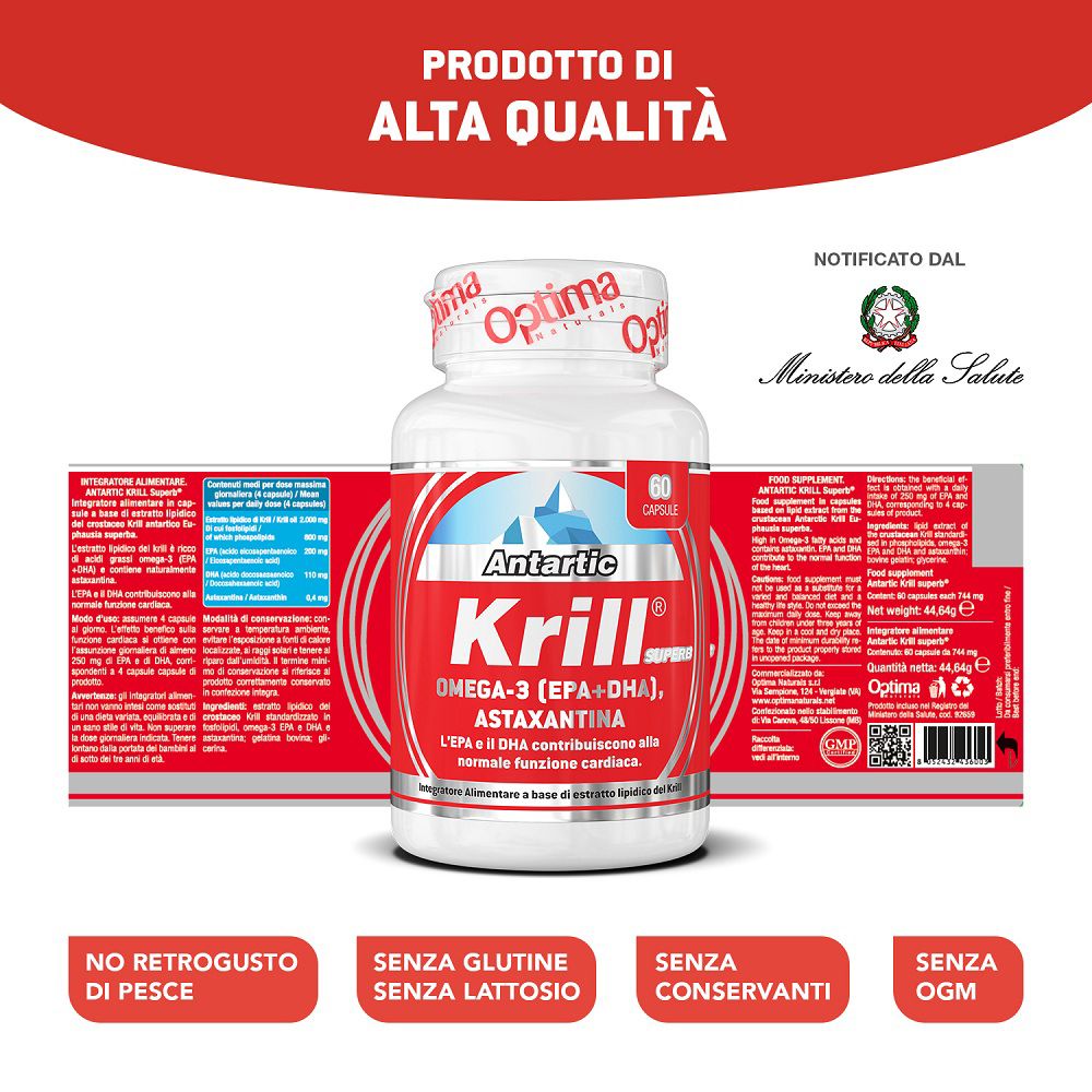 Rückseite des Antartic Krill SUPERB Flakons mit Informationen über Inhaltsstoffe und Qualitätssiegel.