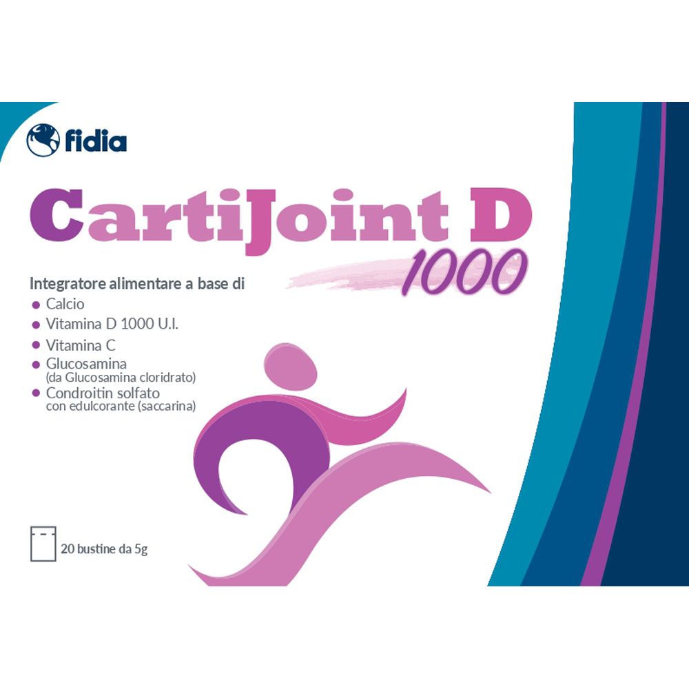 Emballage CartiJoint D 1000 de 20 sachets, contient Calcium, Vitamine D, Vitamine C, Glucosamine et Sulfate de Chondroïtine.