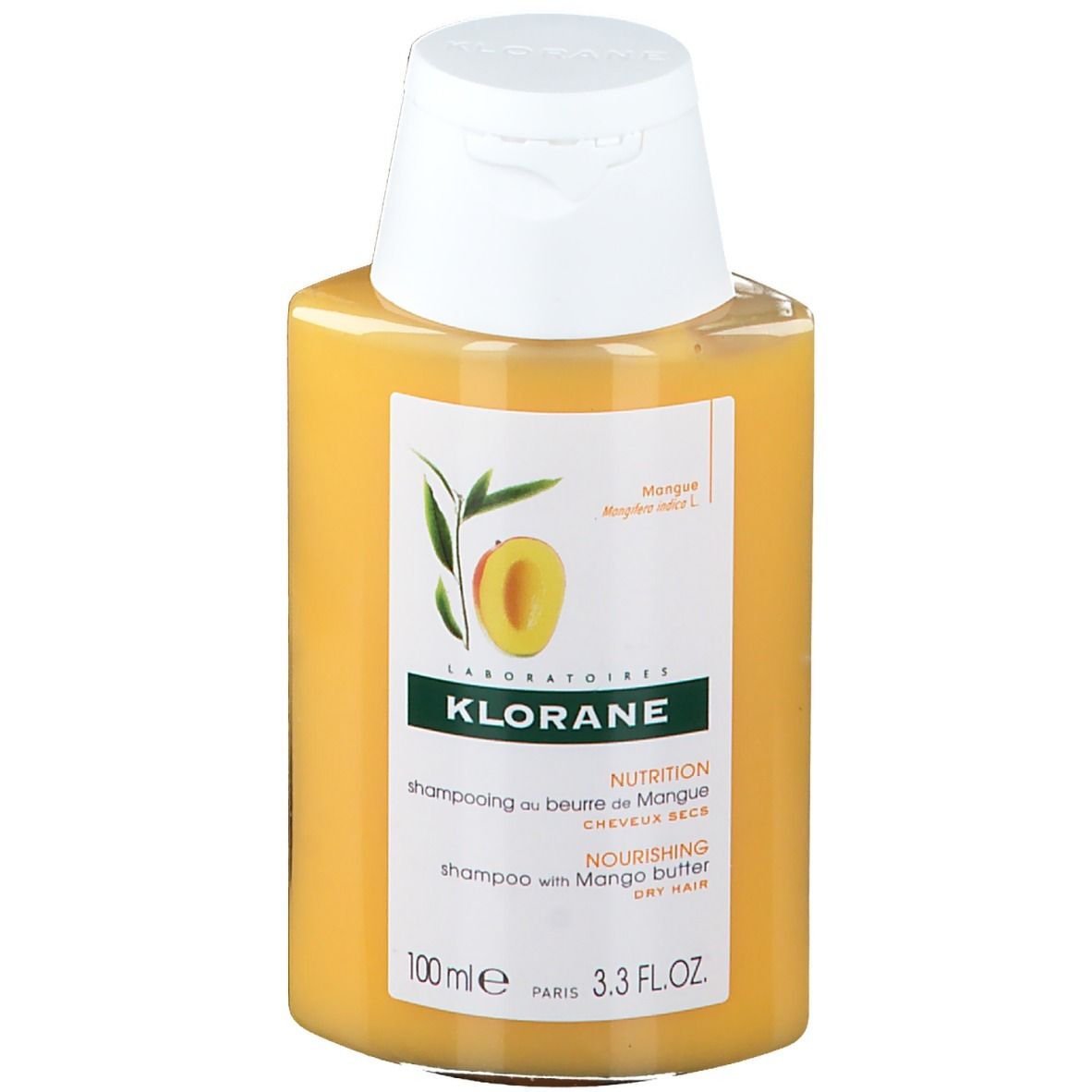 Flacon de shampooing jaune avec bouchon blanc. Étiquette avec logo et illustration de mangue. Texte: Shampooing au beurre de mangue.