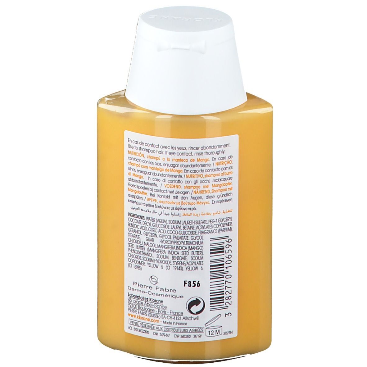 Dos du flacon de shampooing jaune. Étiquette avec ingrédients et informations du fabricant. Texte et code-barres.