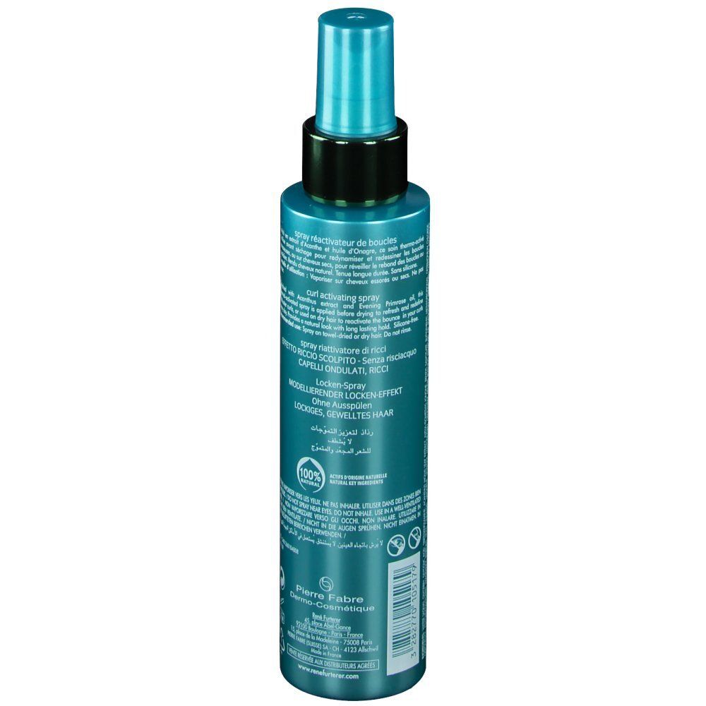 Dos du flacon spray turquoise. Anneau noir, tête de pulvérisation bleue. Texte et logos sur l'étiquette.