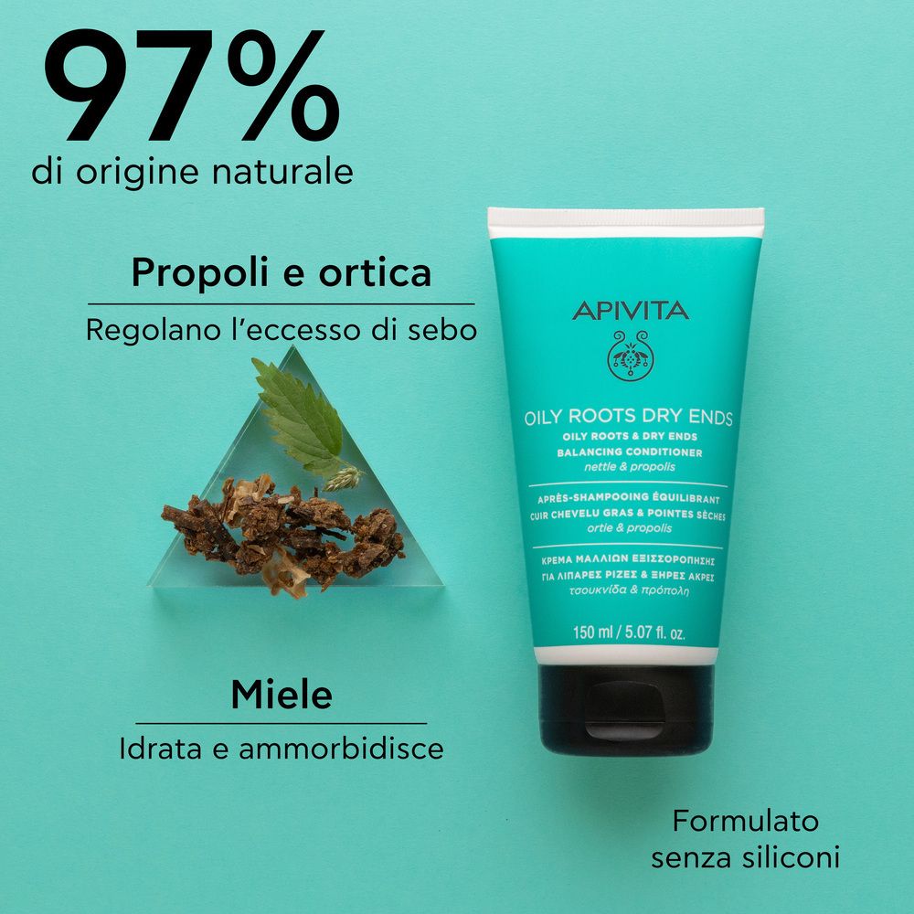 Tube und Zutaten. Aufschrift: APIVITA, OILY ROOTS DRY ENDS, Balancing Conditioner. Text: 97% di origine naturale, Propoli e ortica, Miele.
