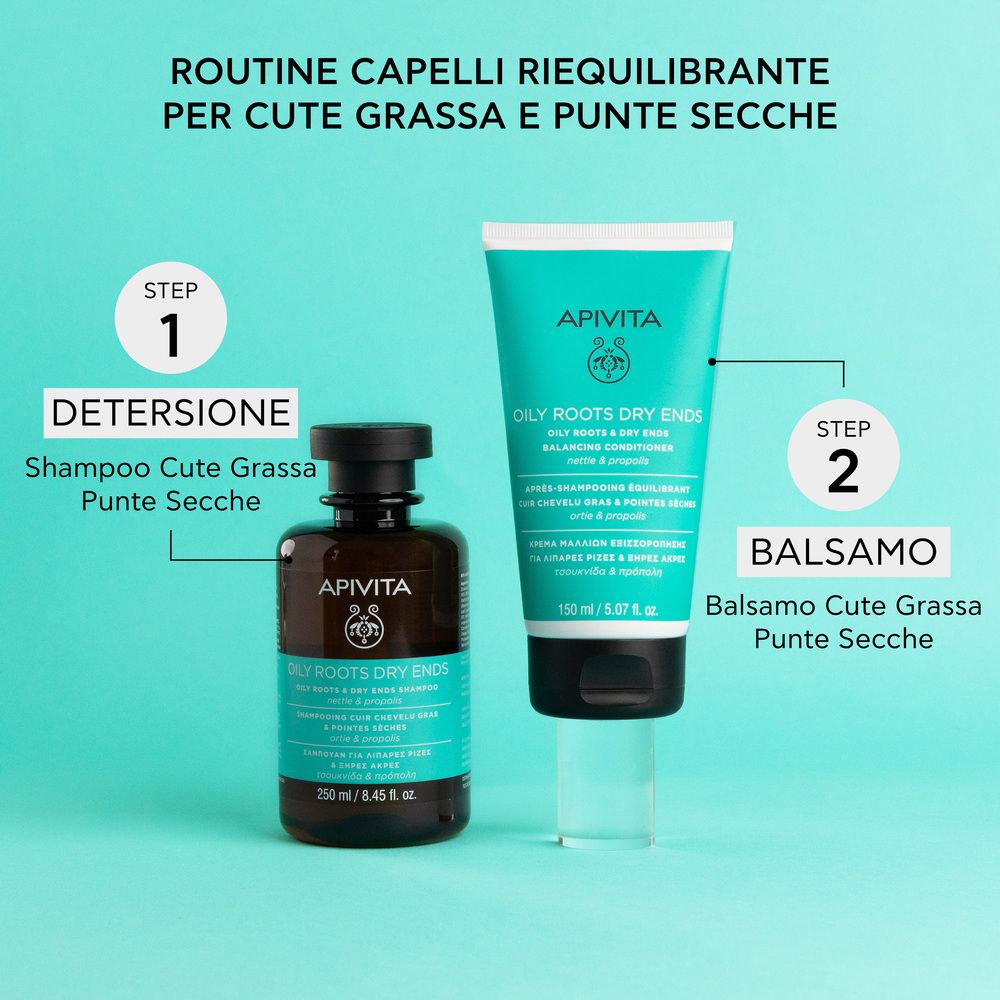 Zwei Produkte. Aufschrift: APIVITA, OILY ROOTS DRY ENDS. Text: Routine capelli riequilibrante per cute grassa e punte secche. Step 1, Step 2.
