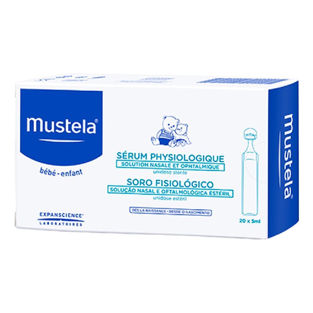 Karton mit Mustela-Produkt. Aufschrift: Sérum Physiologique, Soro Fisiologico. 20 x 5ml. Für Babys und Kinder.