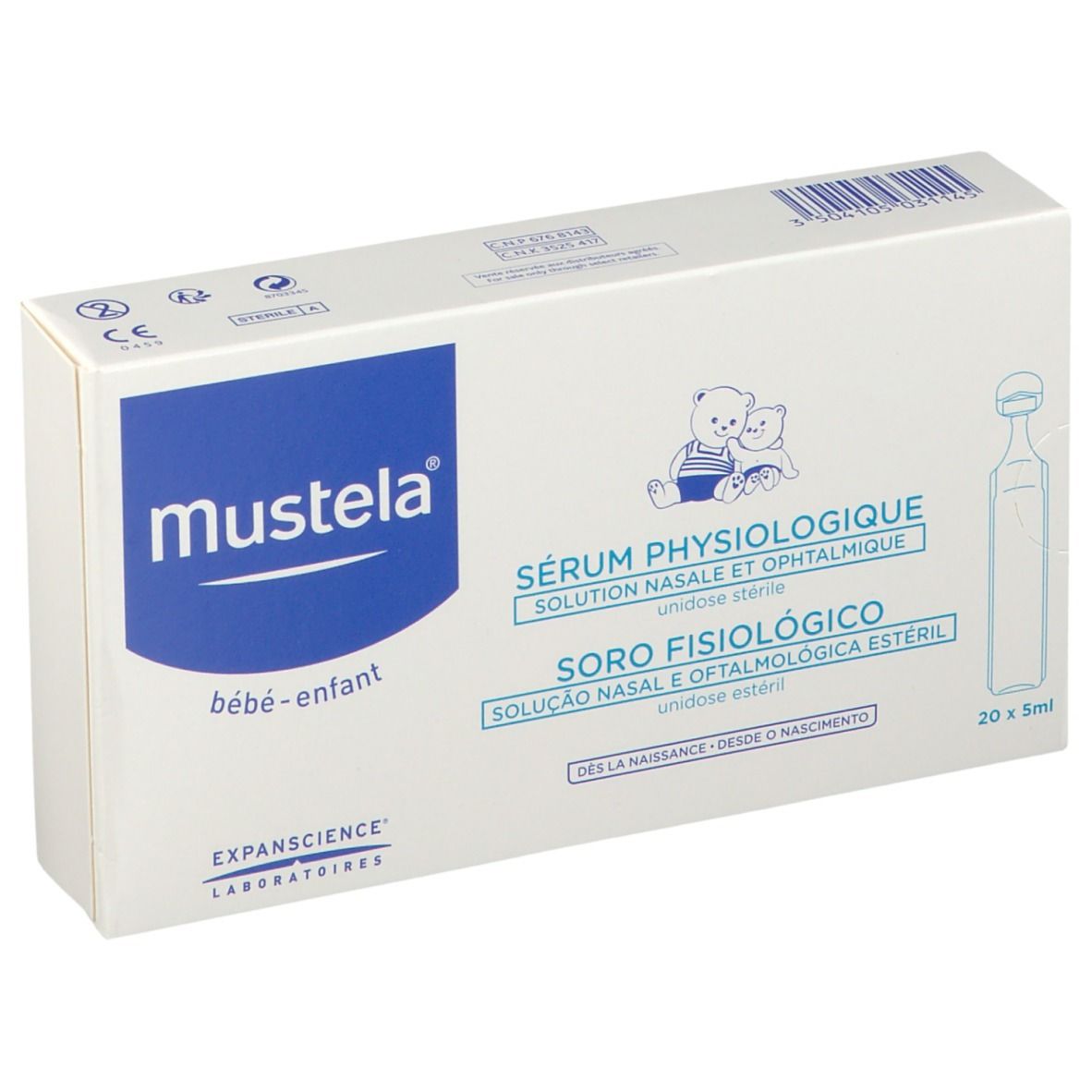 Karton Mustela Sérum Physiologique. Aufschrift: Sérum Physiologique, Soro Fisiologico. 20 x 5ml. Für Babys und Kinder.