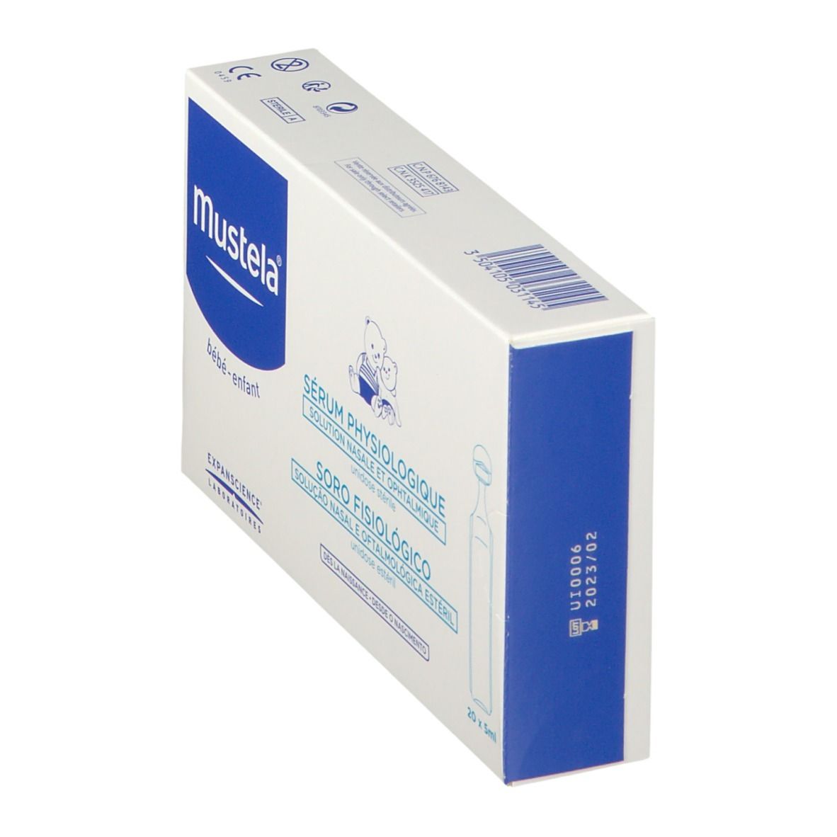 Karton Mustela Sérum Physiologique. Aufschrift: Sérum Physiologique, Soro Fisiologico. 20 x 5ml. Für Babys und Kinder.