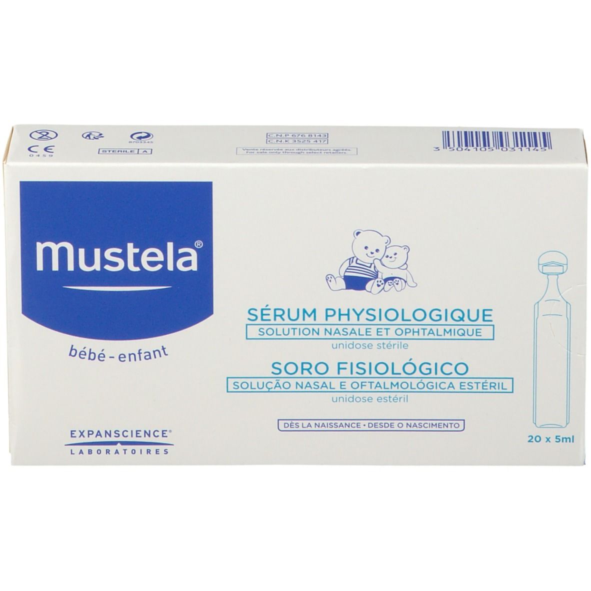 Karton mit Mustela-Produkt. Aufschrift: Sérum Physiologique, Soro Fisiologico. 20 x 5ml. Für Babys und Kinder.